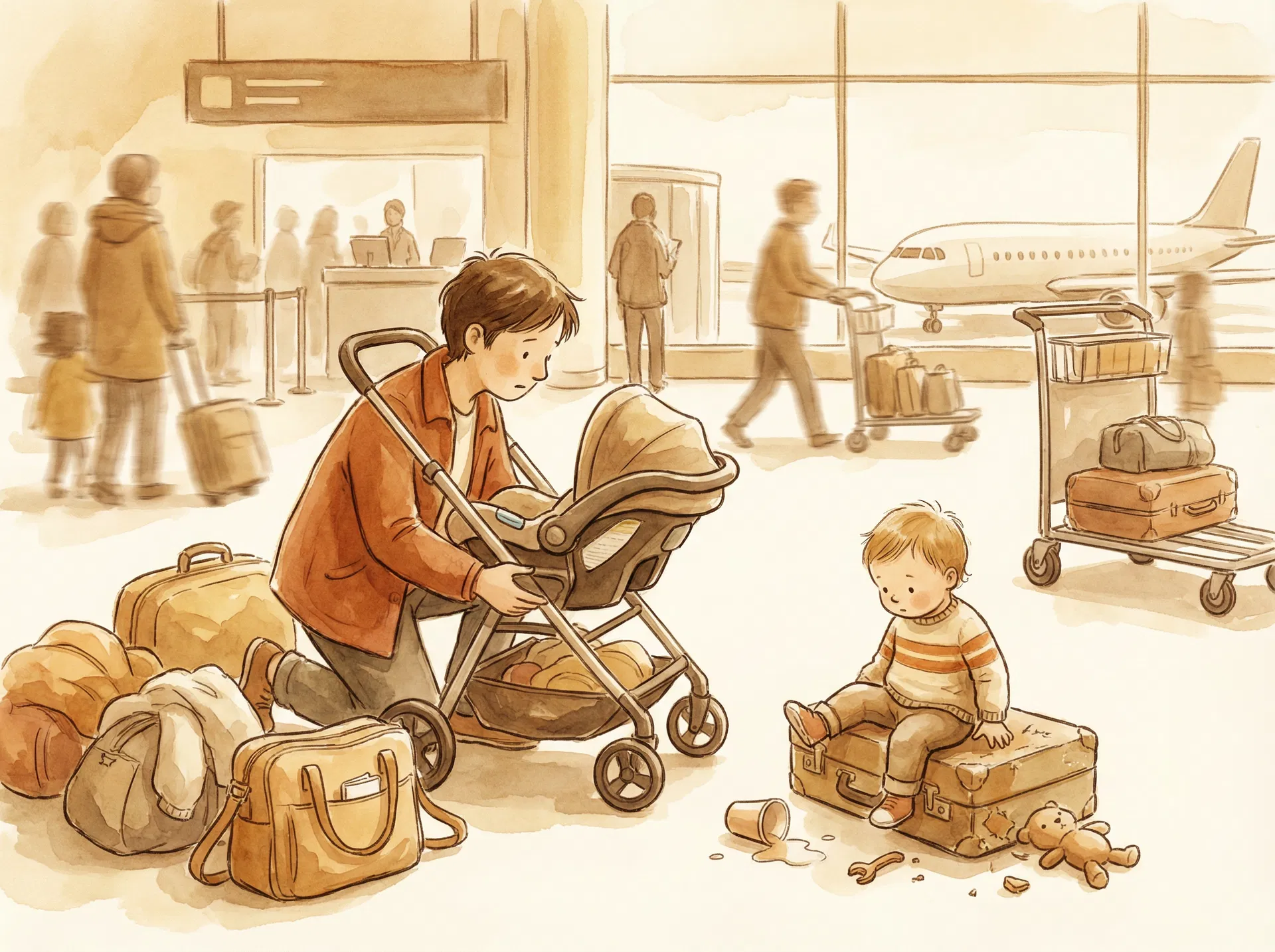 Parent handling baby gear at airport
