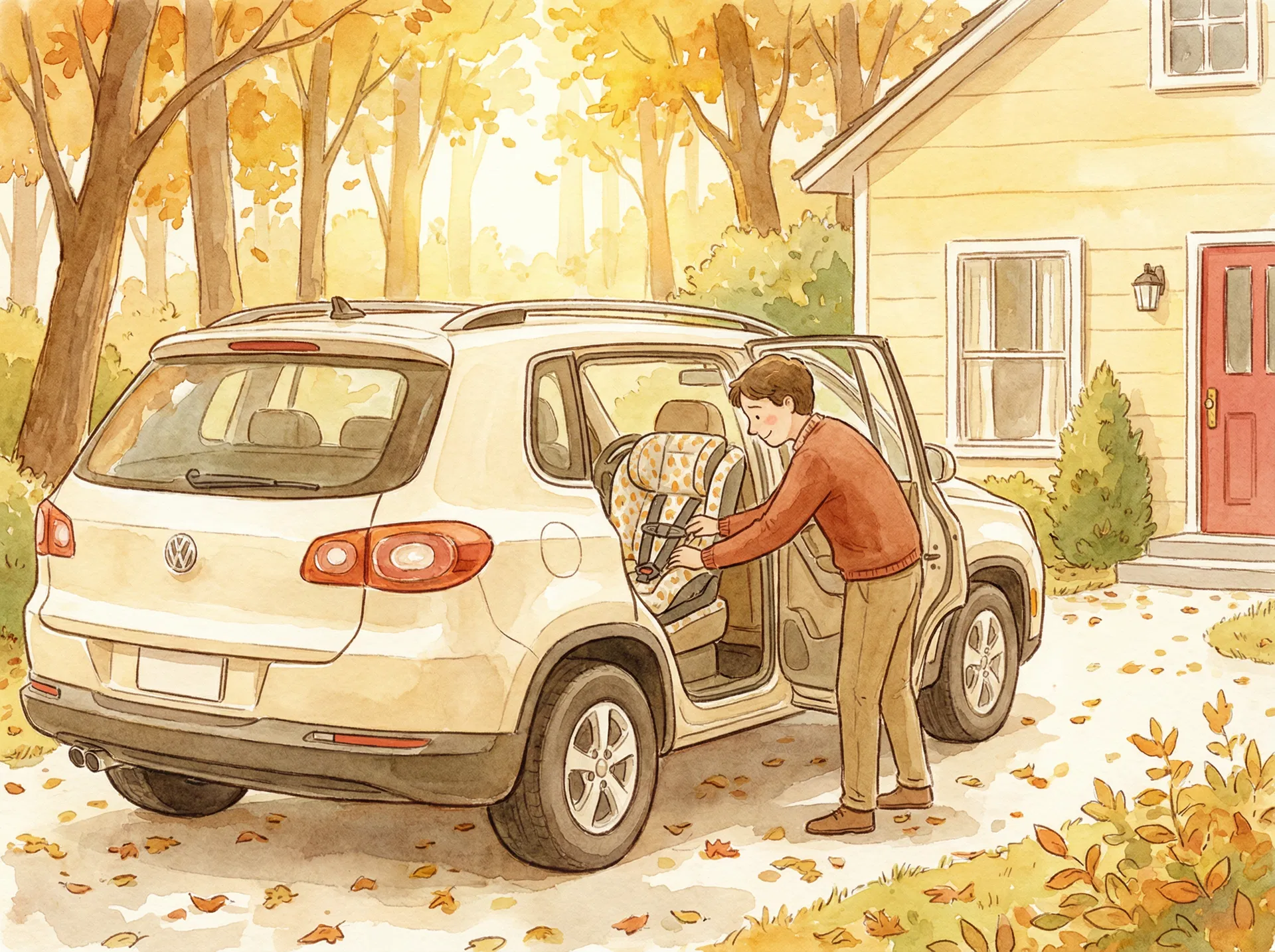 Parent checking car seat in vehicle