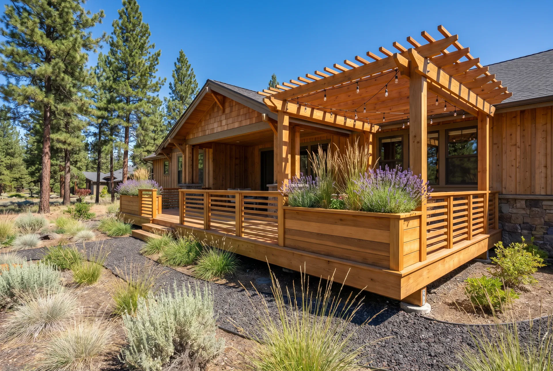 New cedar deck with built-in planters and pergola on craftsman home in Bend Oregon