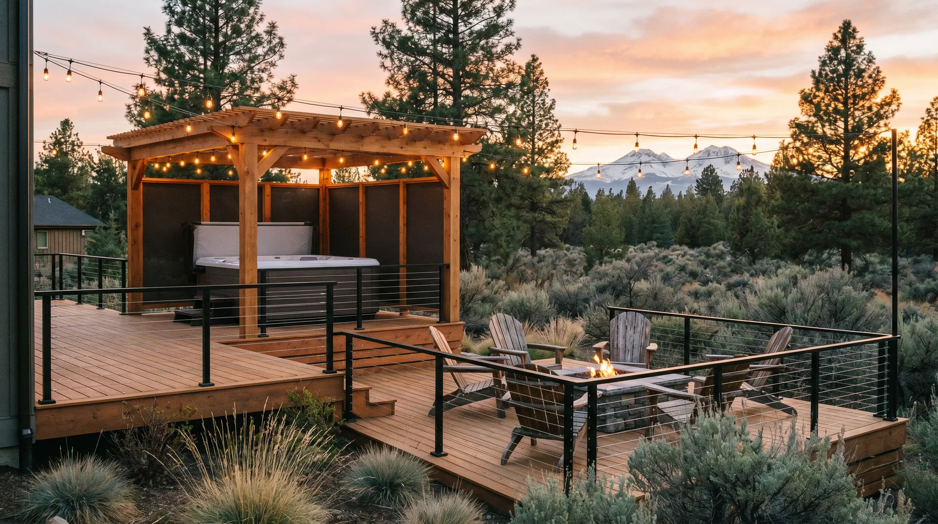 Multi-level cedar deck with hot tub pergola and fire pit at sunset in Bend Oregon