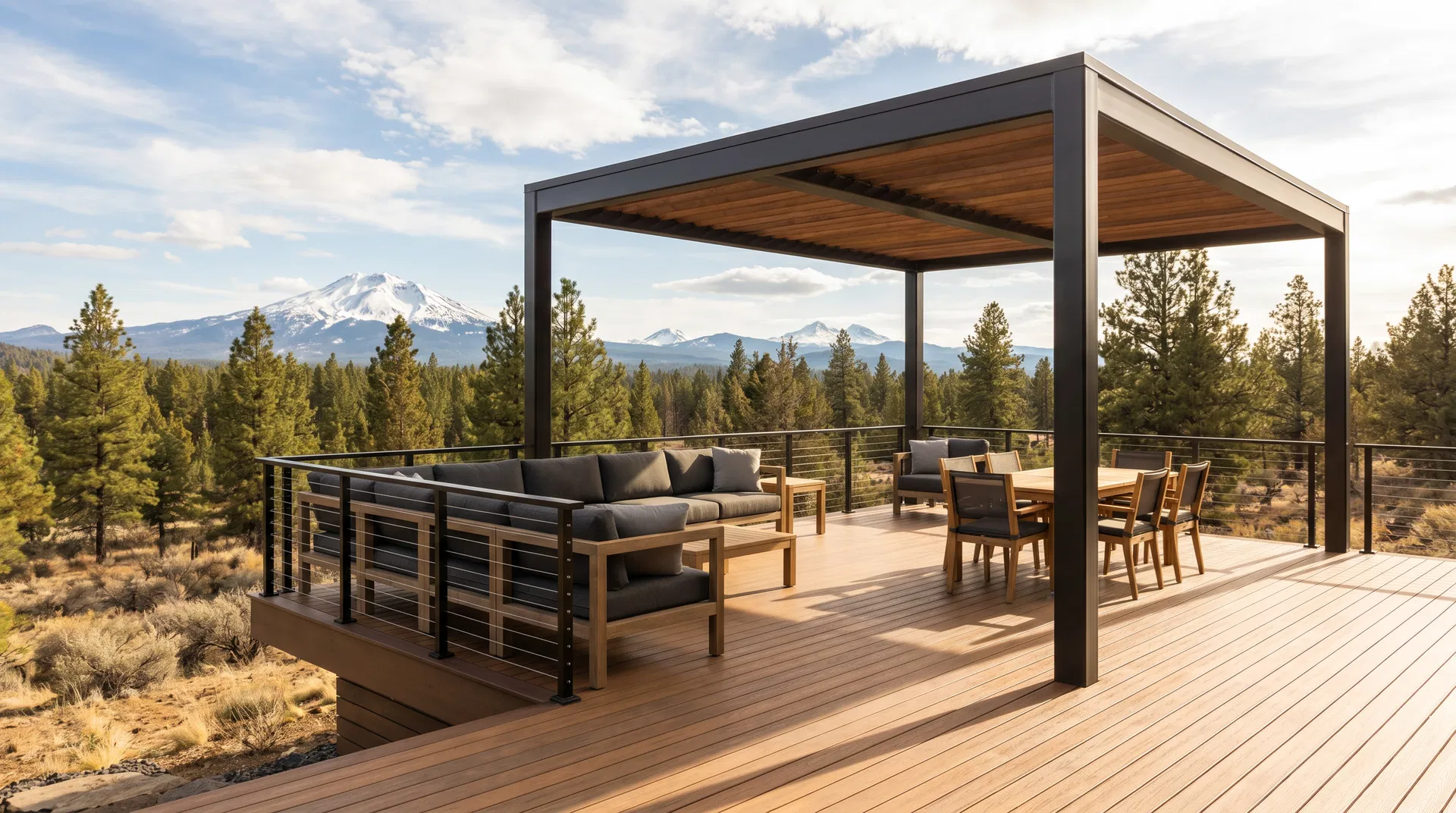 Composite deck with modern pergola overlooking the Cascade mountains in Central Oregon