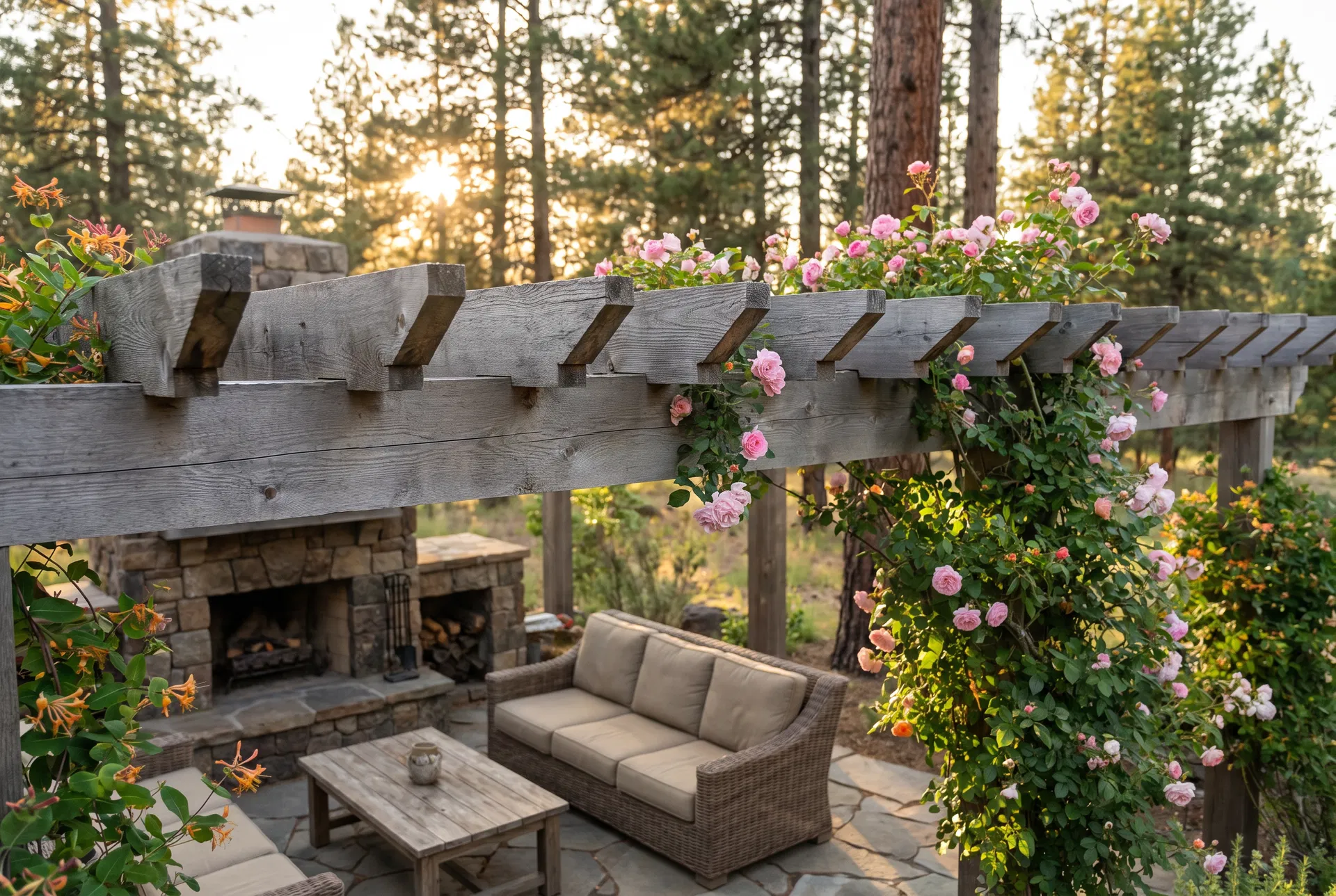 Cedar pergola with climbing roses and outdoor fireplace in Central Oregon backyard