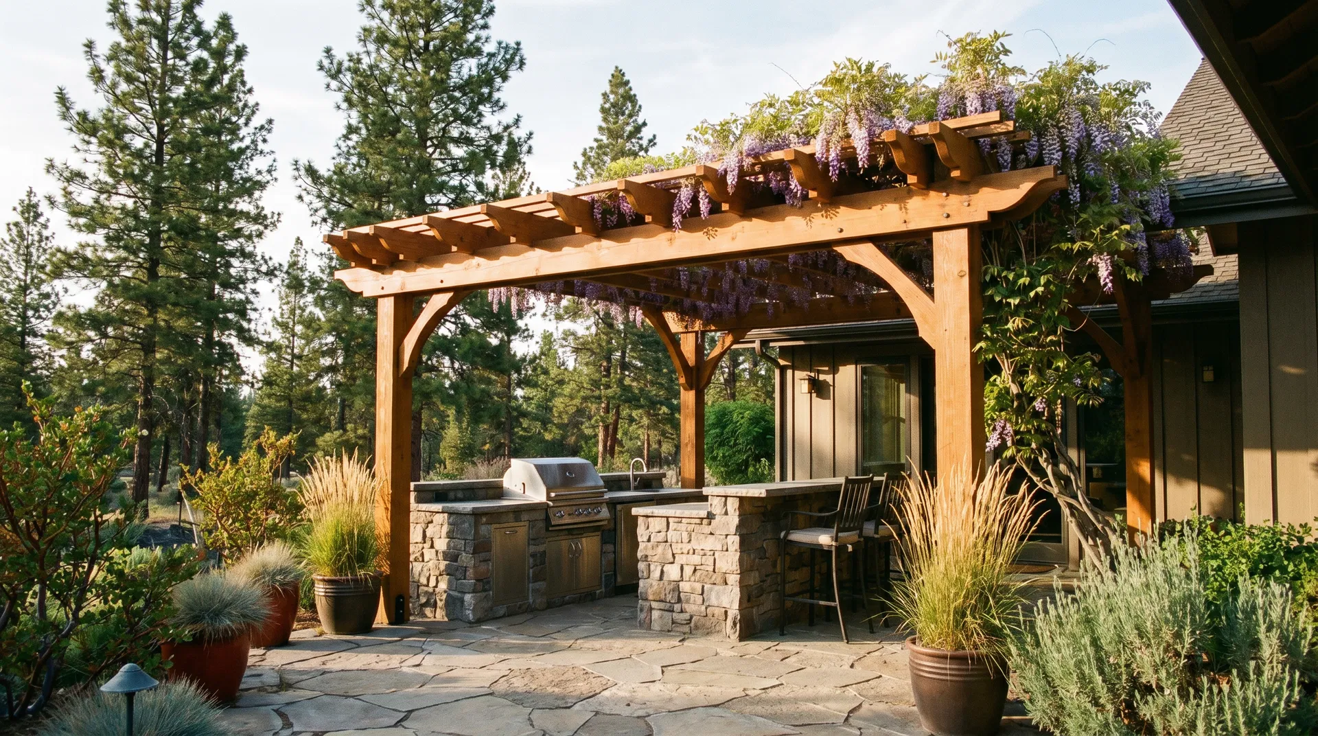 Cedar pergola with outdoor kitchen and flagstone patio surrounded by ponderosa pines in Bend
