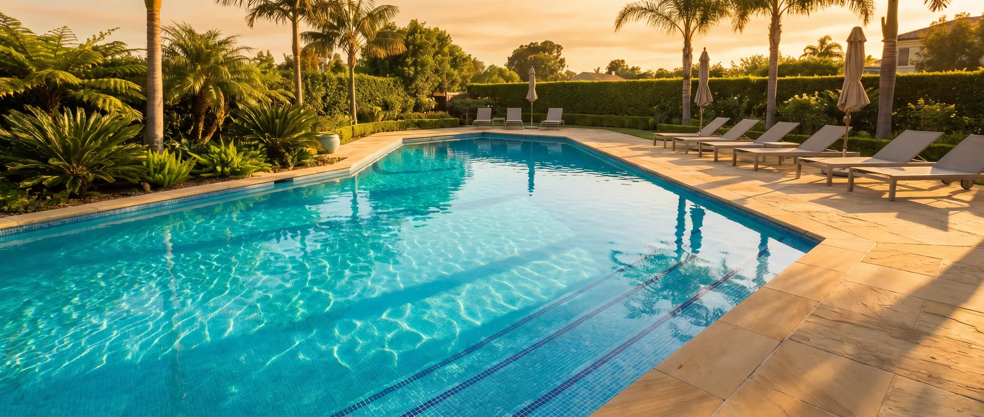 Luxury swimming pool at golden hour