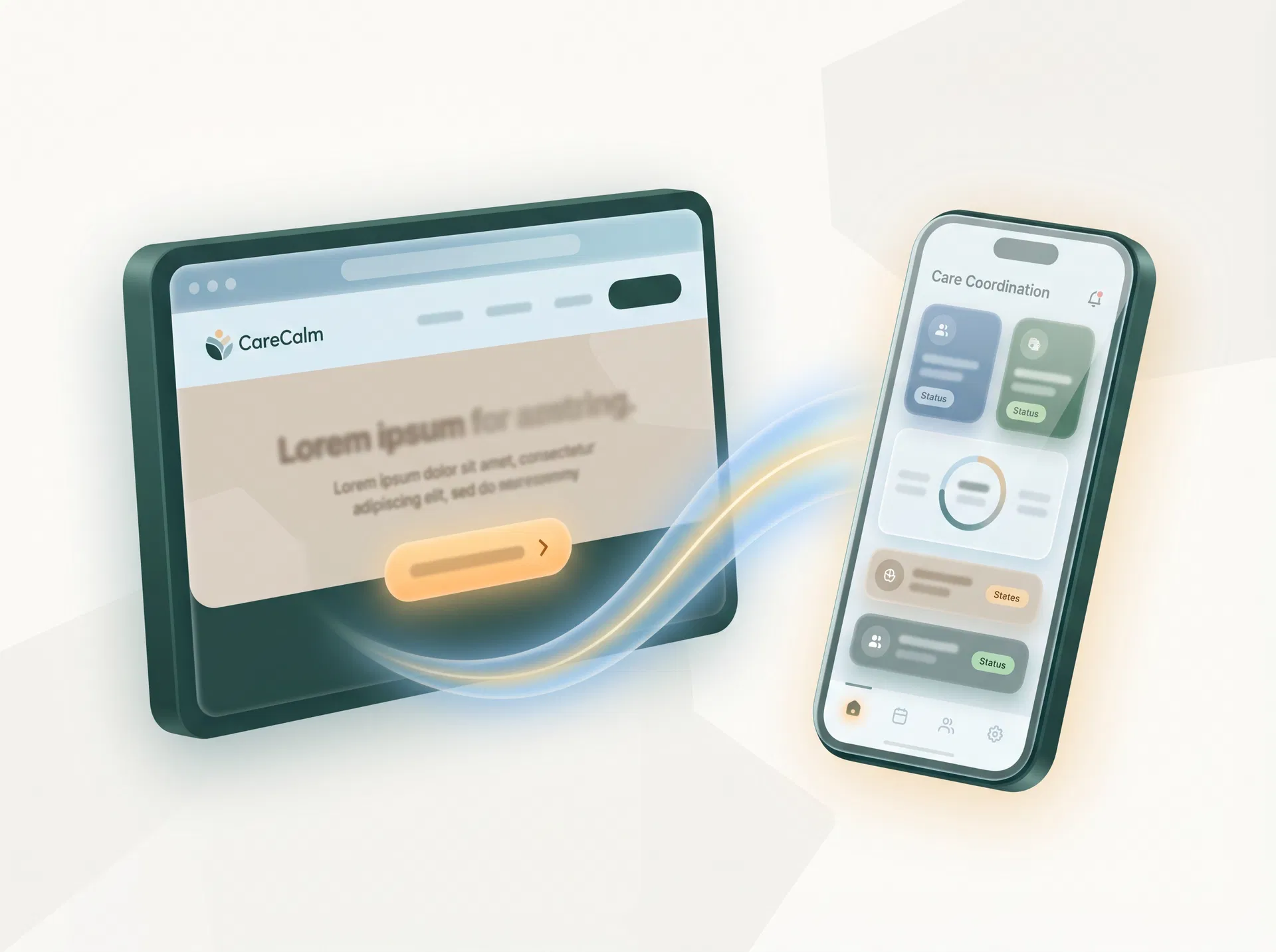 CareCalm app entry illustration showing a seamless transition from website to mobile app