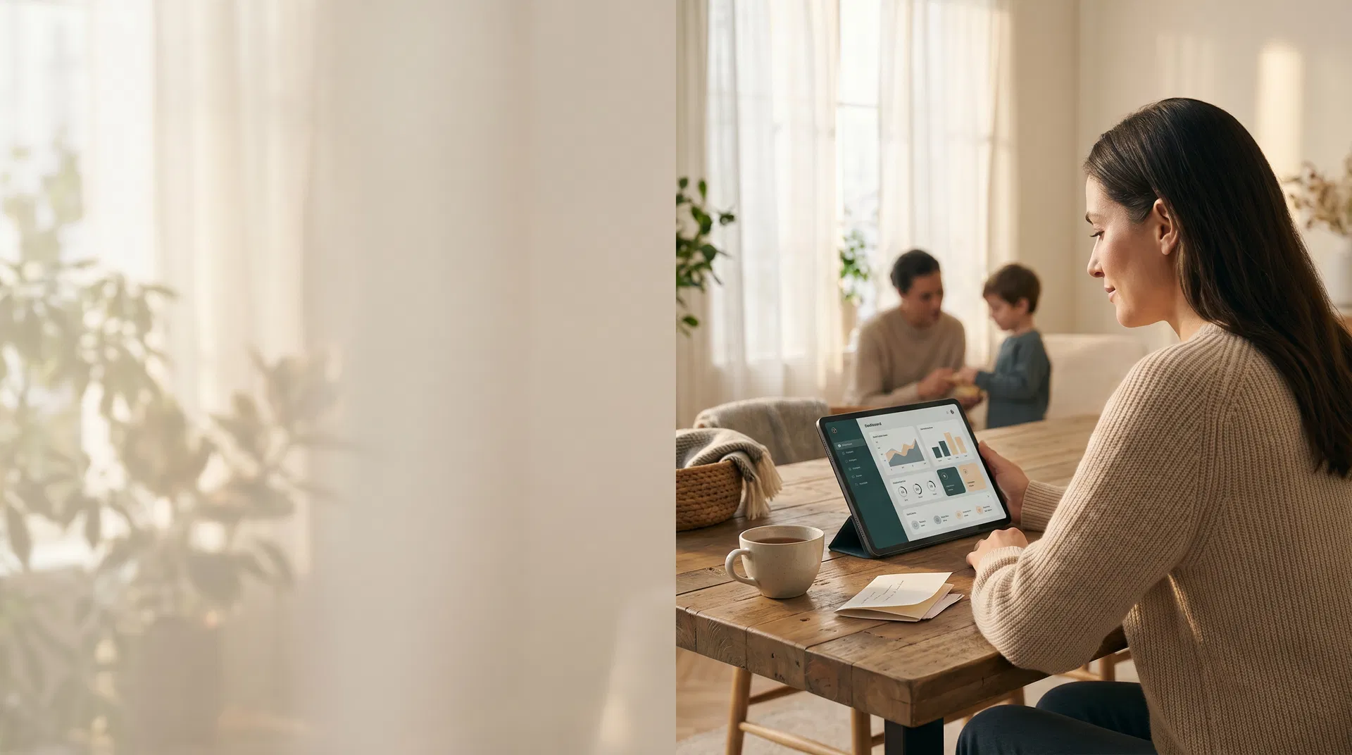 CareCalm hero showing a caregiver using a calm digital dashboard at home