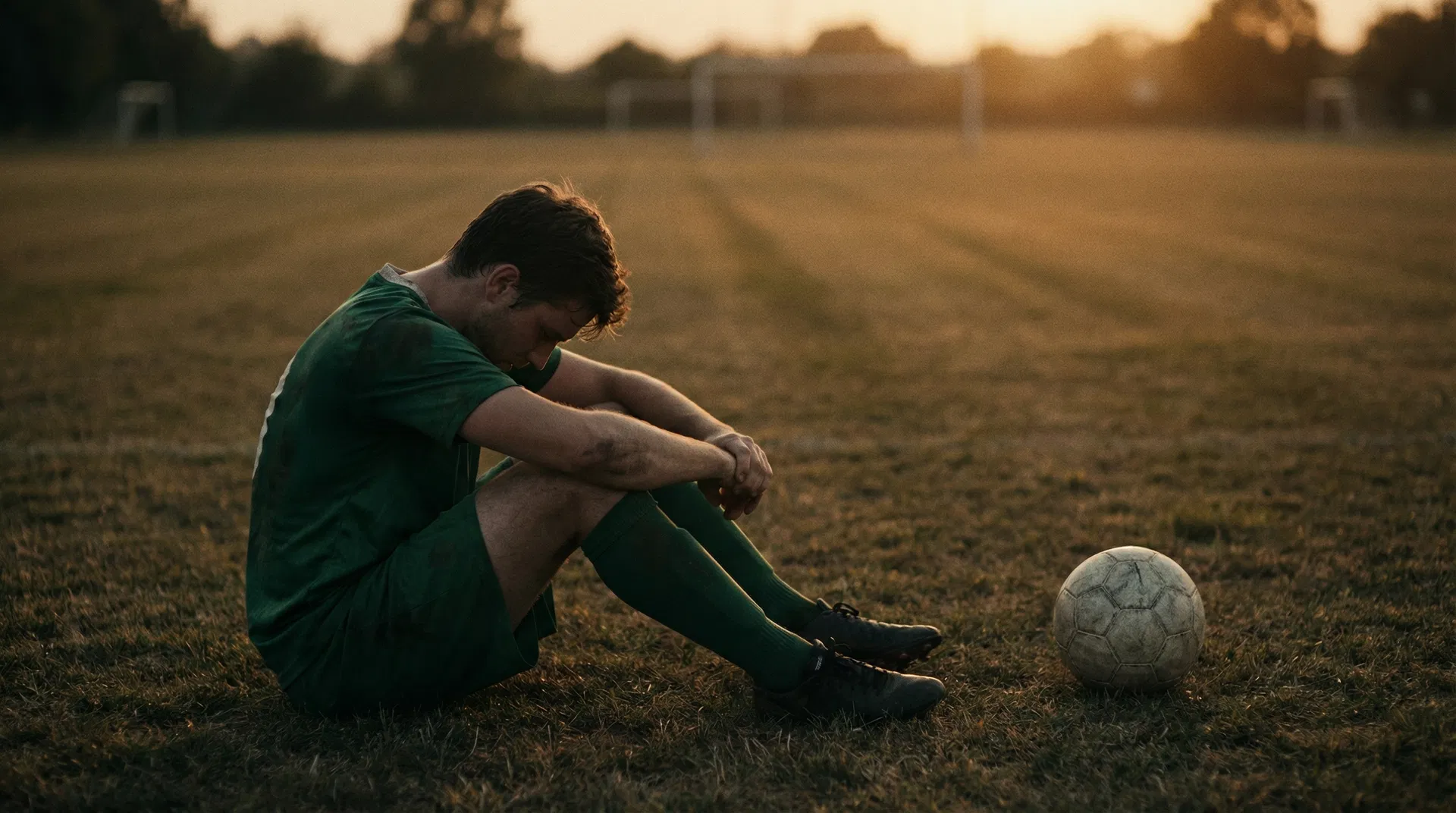 Soccer player sitting alone on a field at dusk