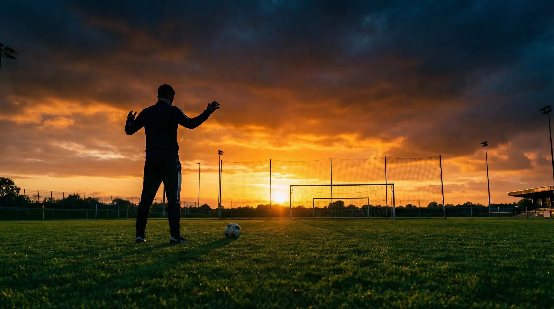 Soccer player on pitch at golden hour facing the goal