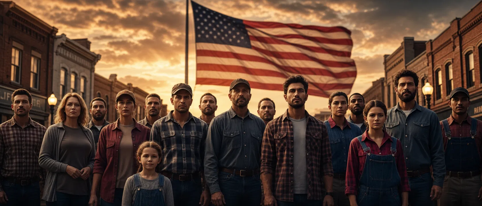 Everyday Americans standing together on Main Street with the American flag