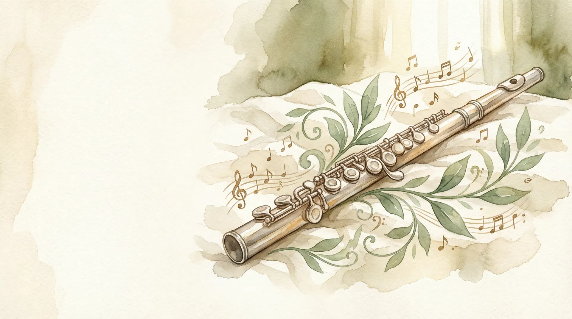 Flute with musical notes and leaves
