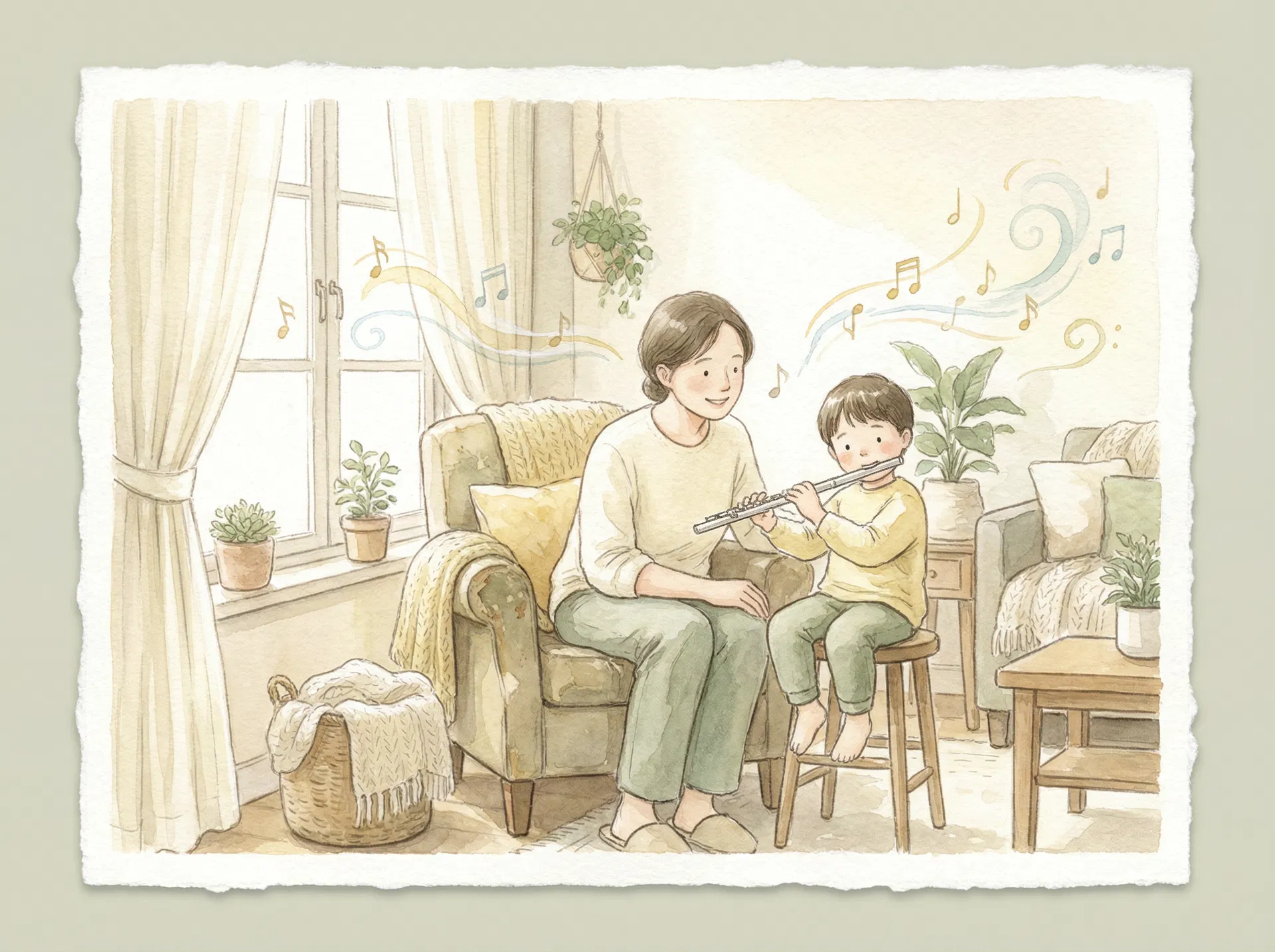 Parent supporting a child learning flute