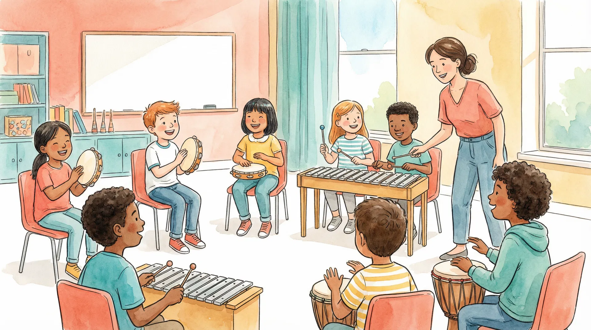Children joyfully playing instruments in a music class