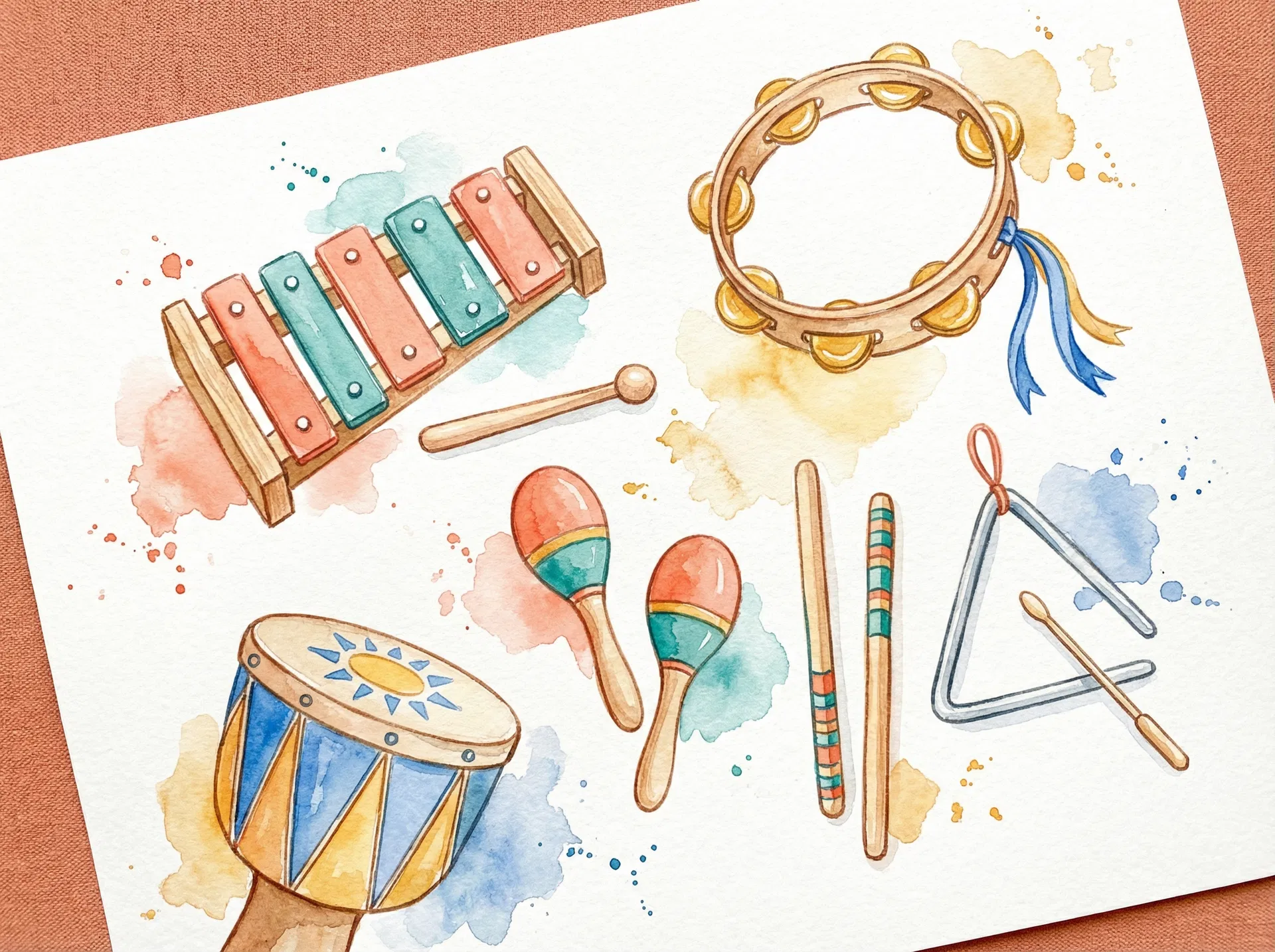 Colorful watercolor illustration of children's musical instruments