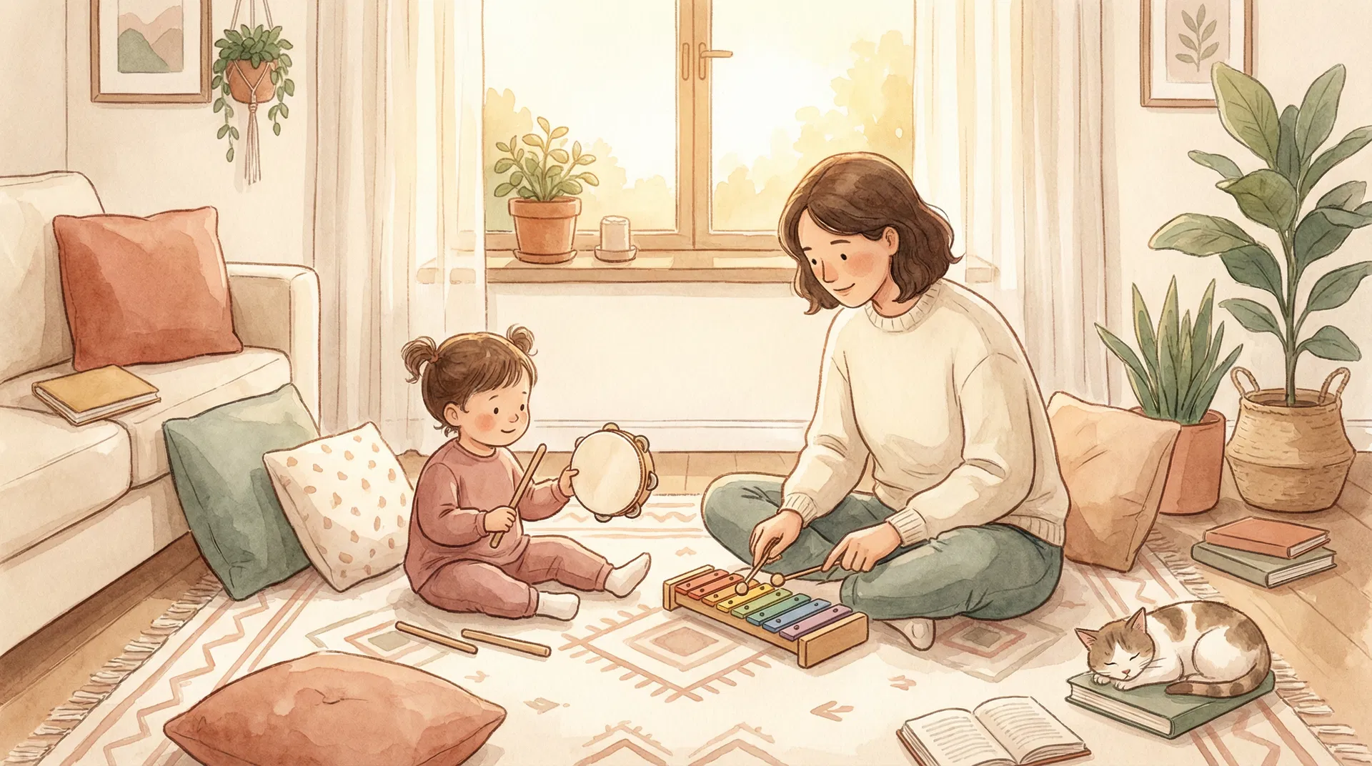 A parent and child making music together in a cozy living room