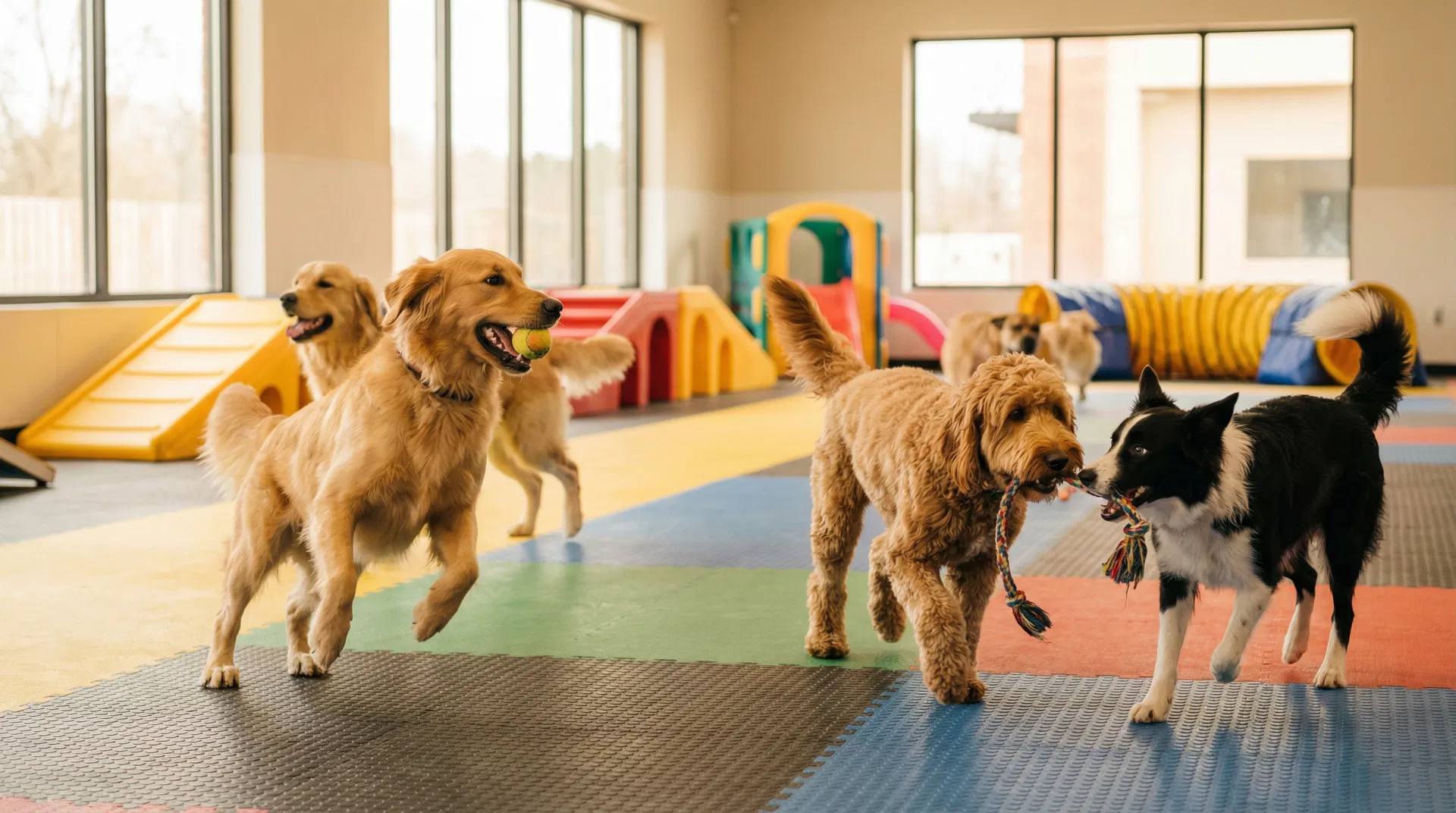 Happy dogs playing together at Metro Mutts daycare facility