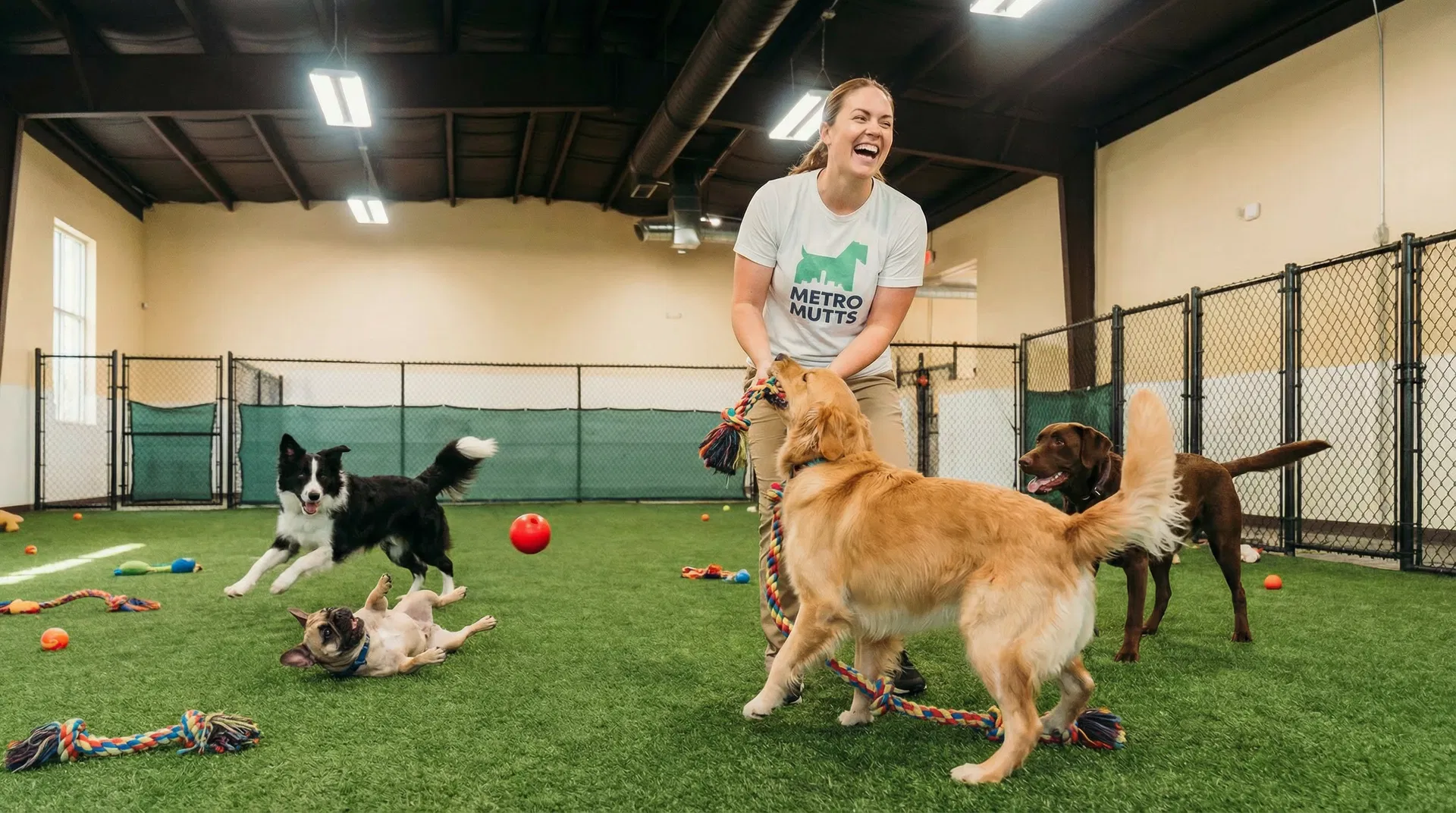 Dogs socializing in Metro Mutts indoor play area