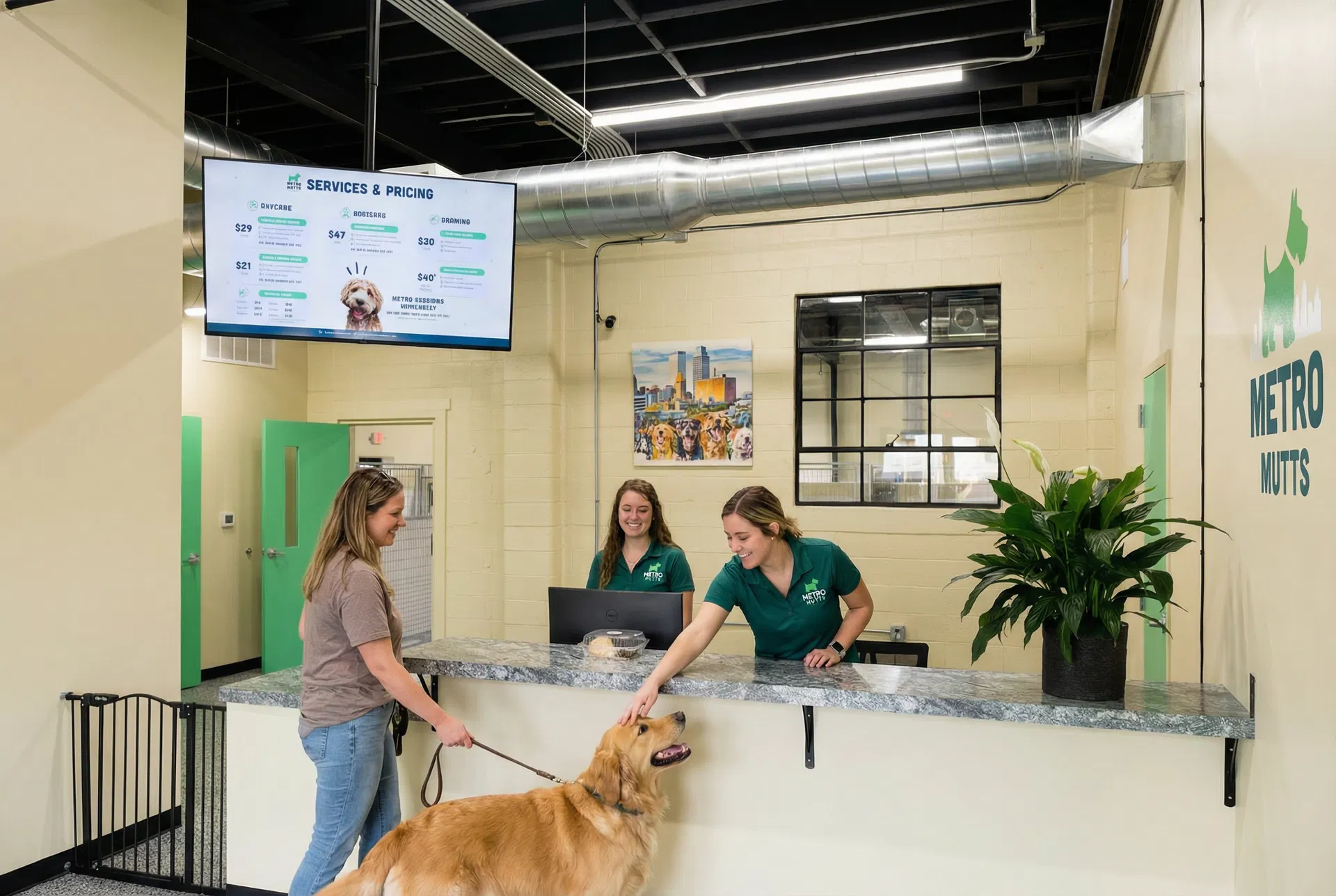 Metro Mutts reception area — staff greeting a customer and their dog at the front desk