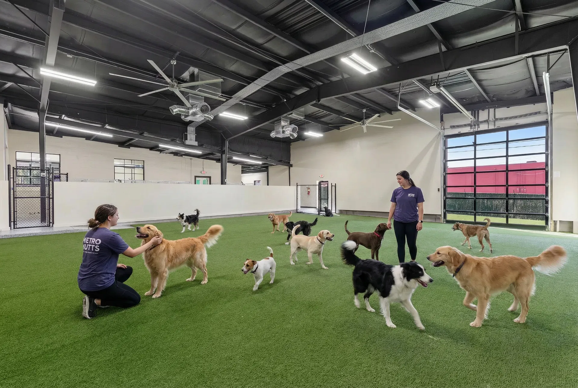Metro Mutts indoor play area with dogs on green turf