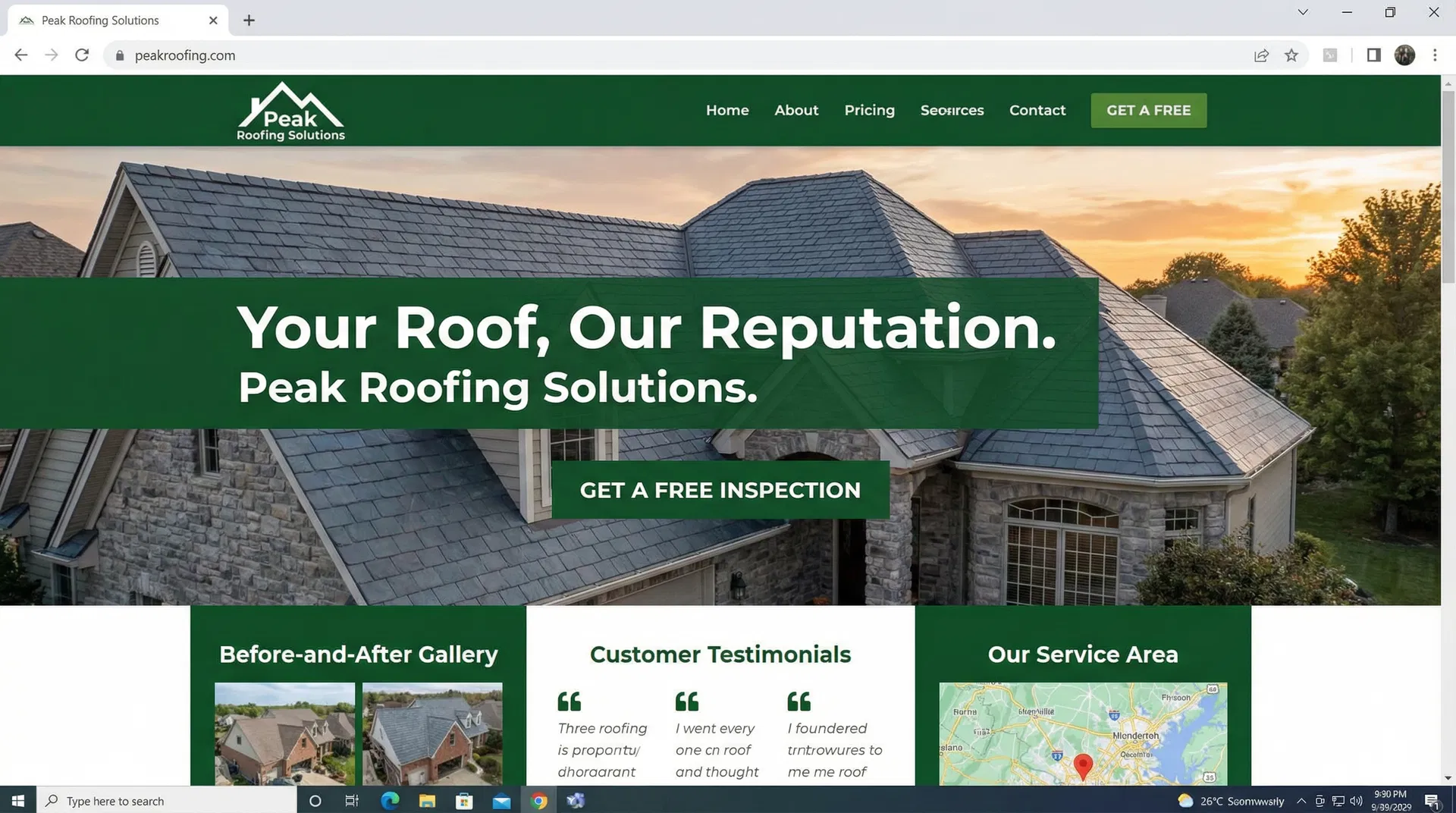 Peak Roofing Solutions website homepage