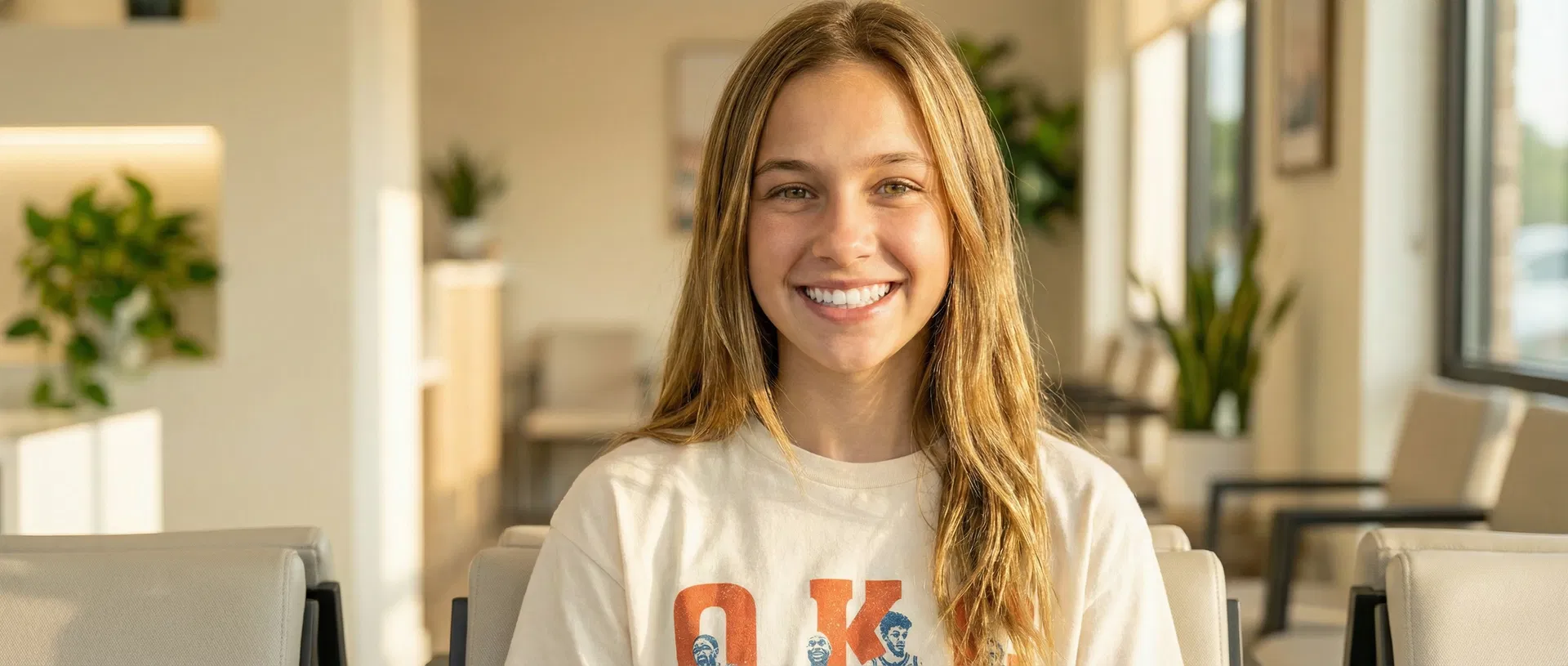 Smiling teen patient in orthodontic office lobby