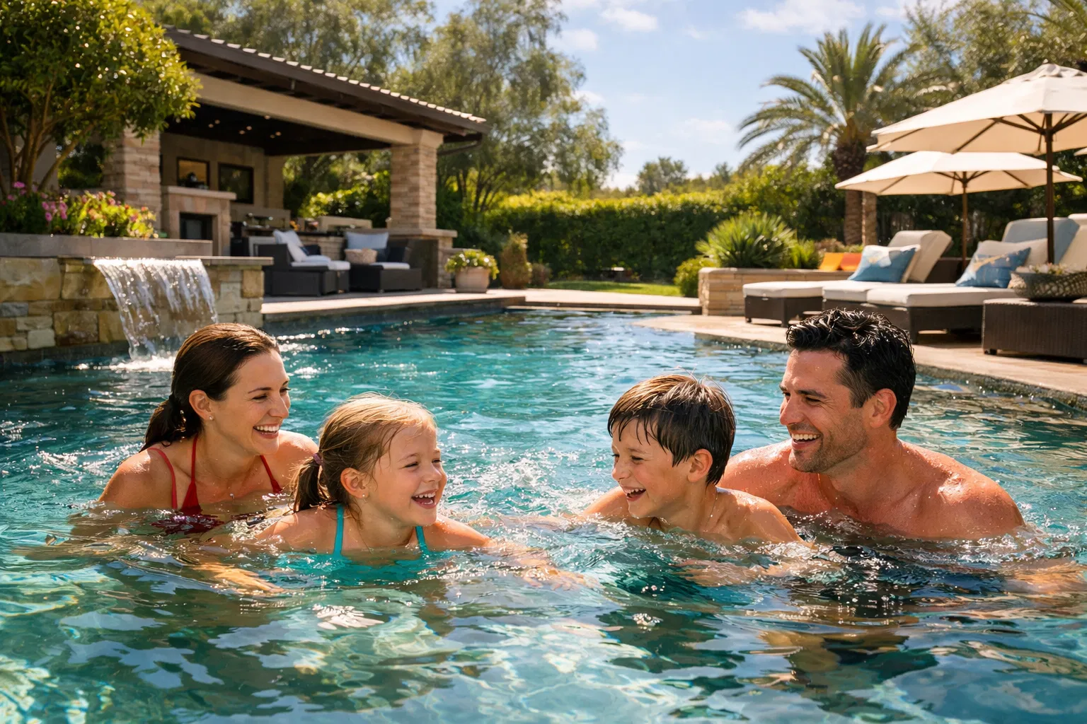Happy family enjoying luxury backyard pool
