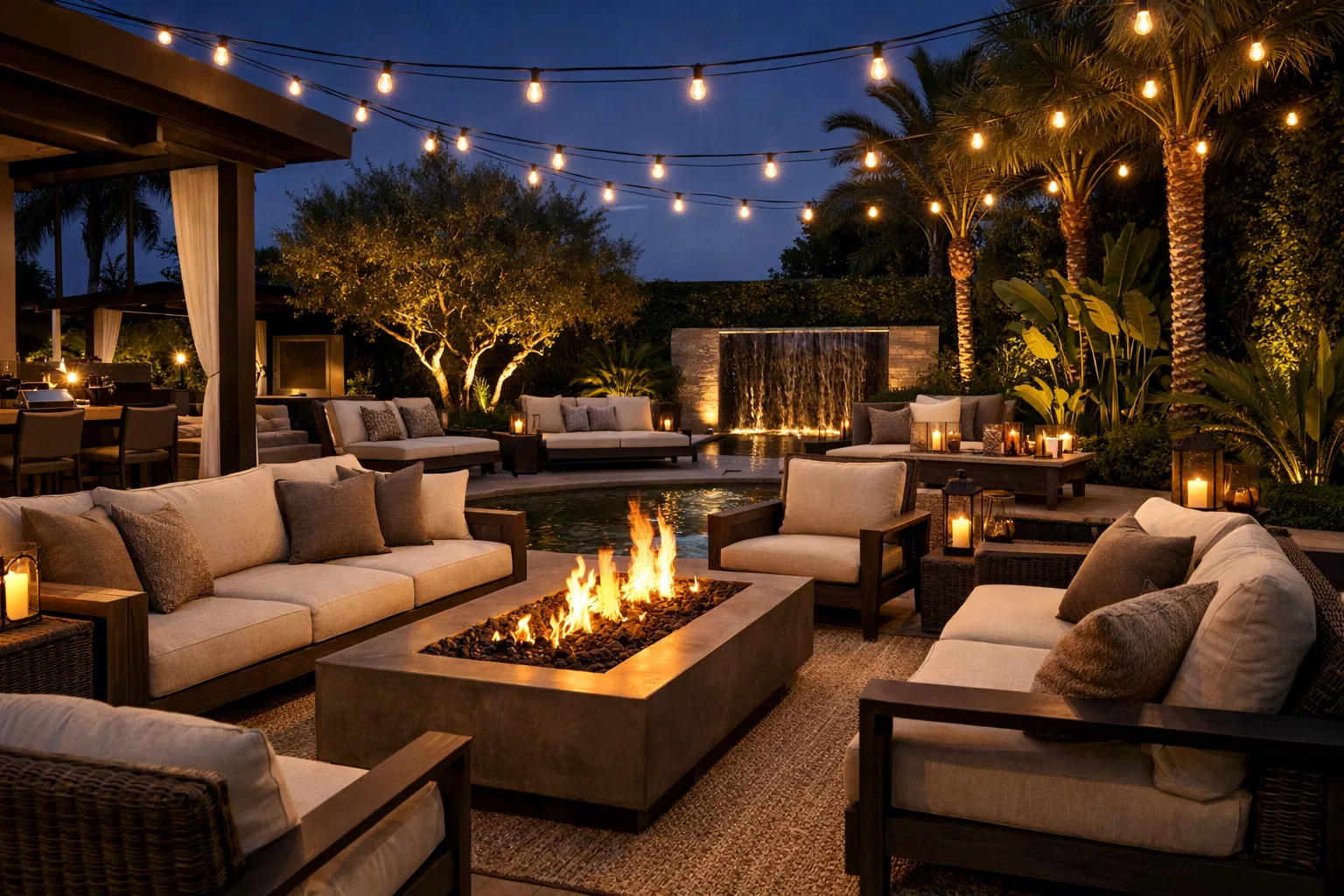 Modern luxury outdoor patio with fire pit