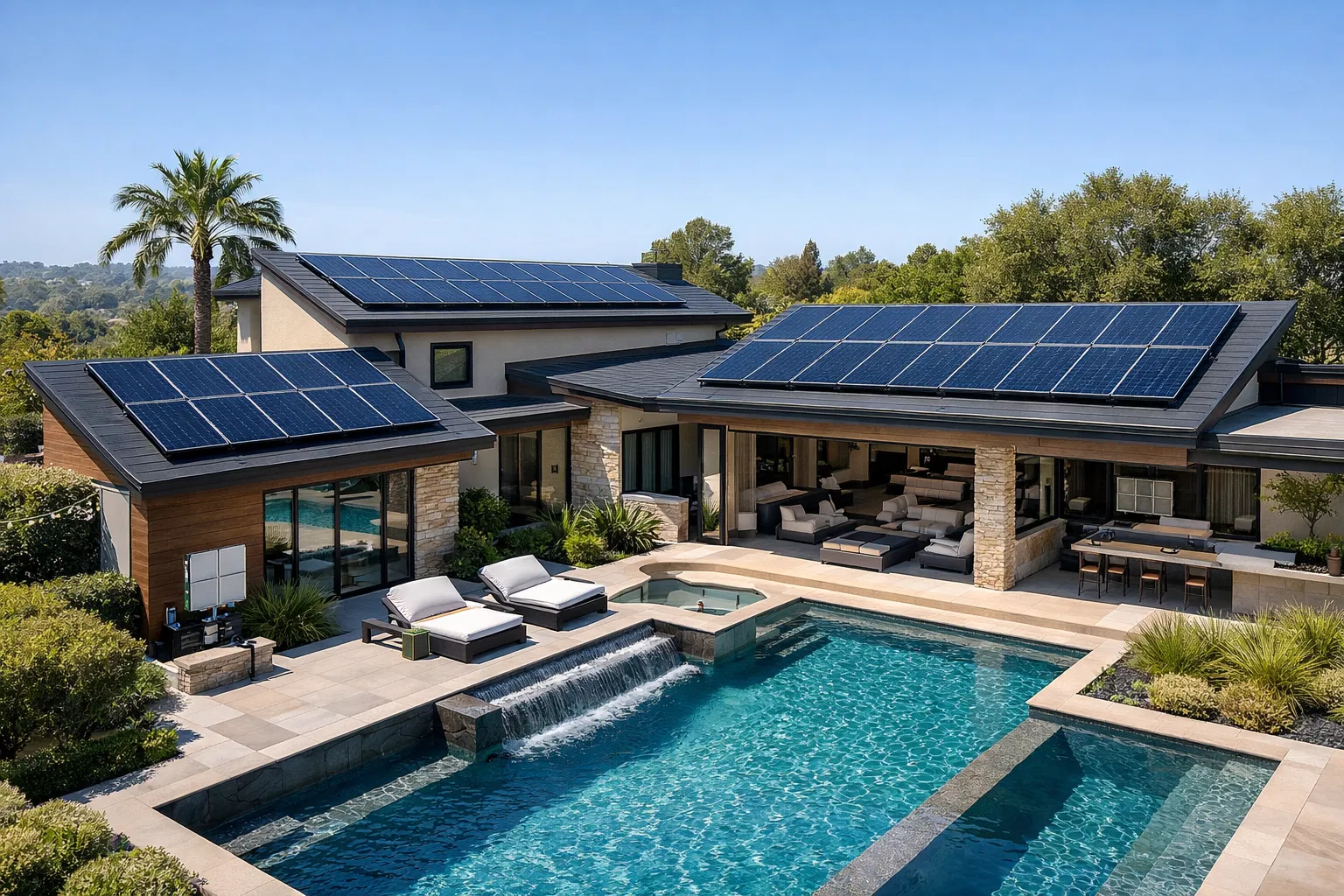 Solar panels on luxury home with pool