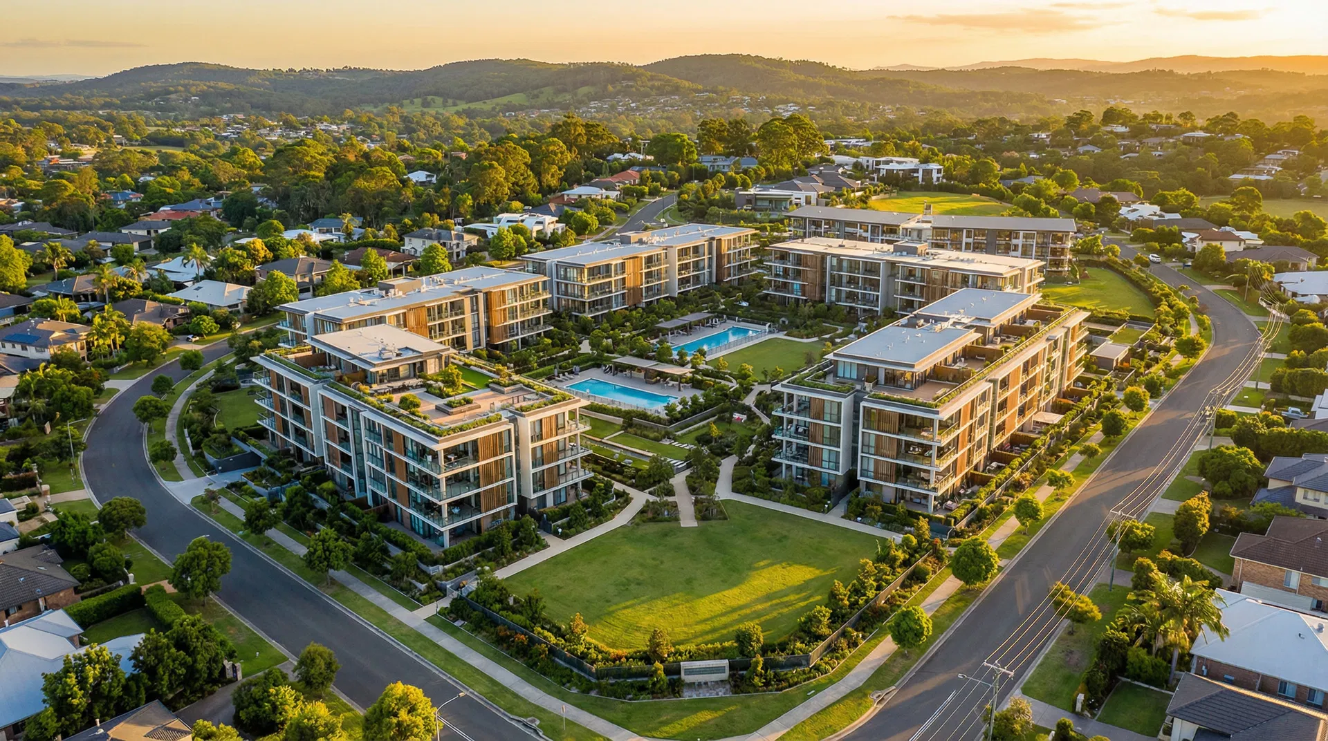 Luxury multifamily apartment complex aerial view