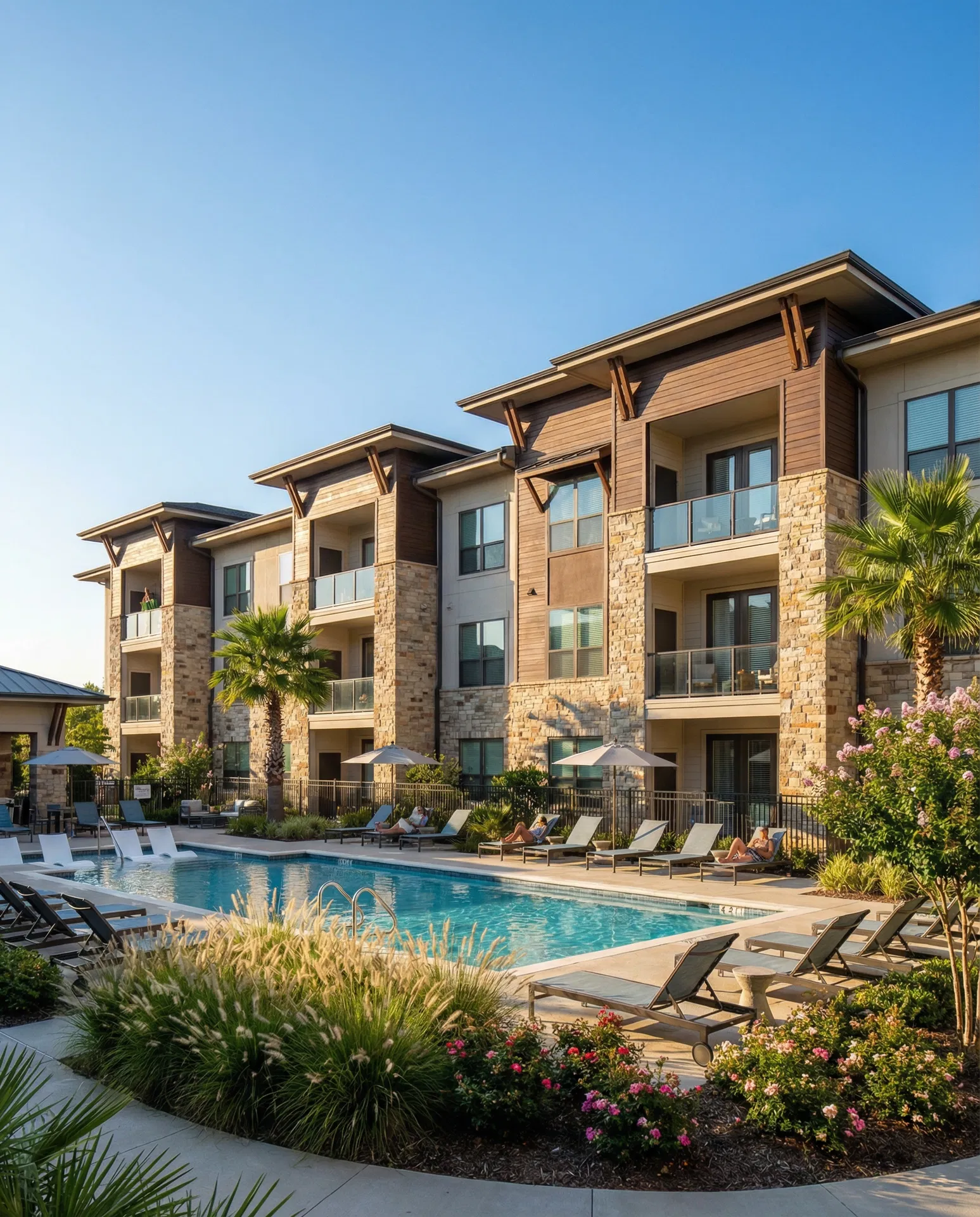 Upscale residential apartment complex with pool