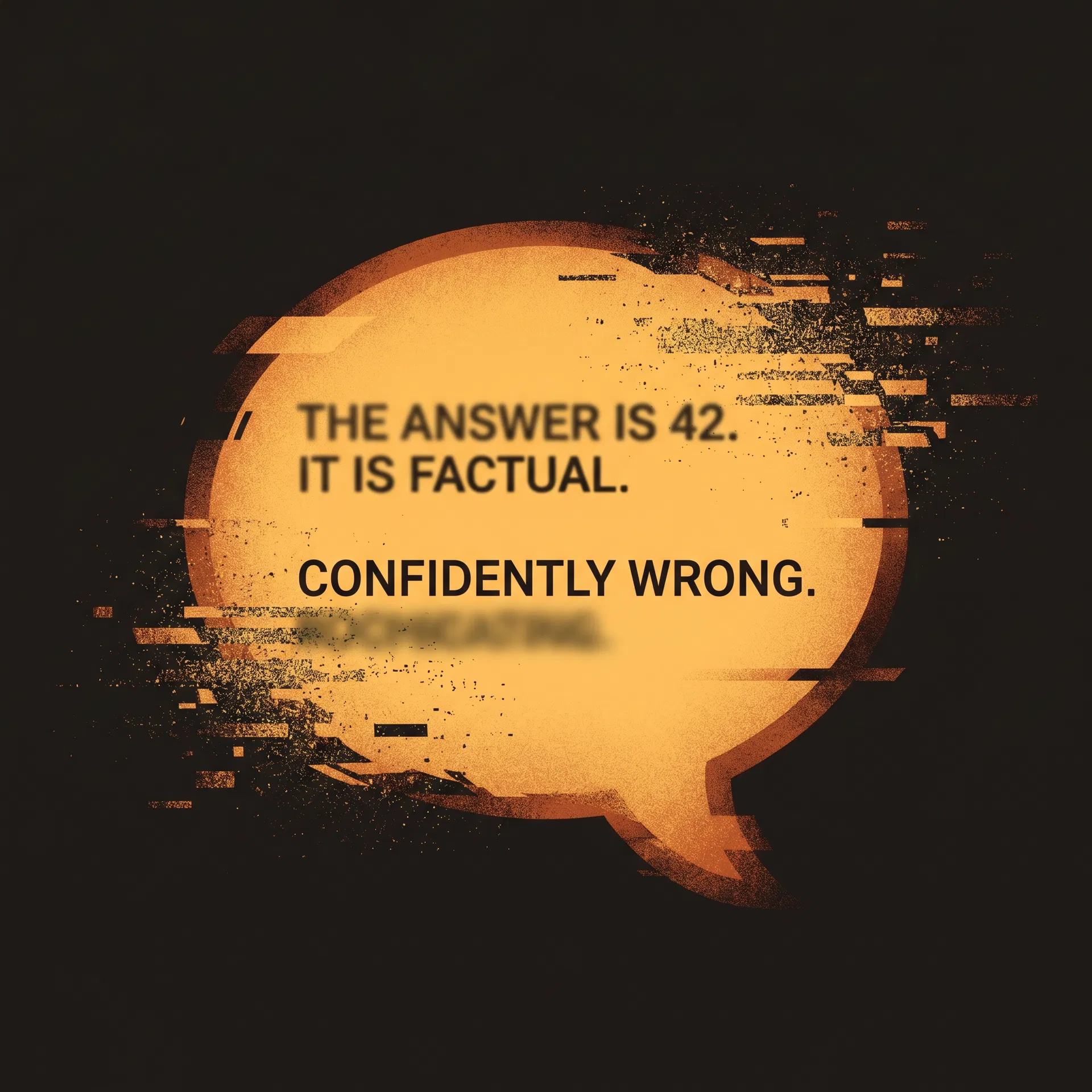 Editorial illustration of an AI hallucination — a glowing speech bubble dissolving into static, representing confident but wrong AI output