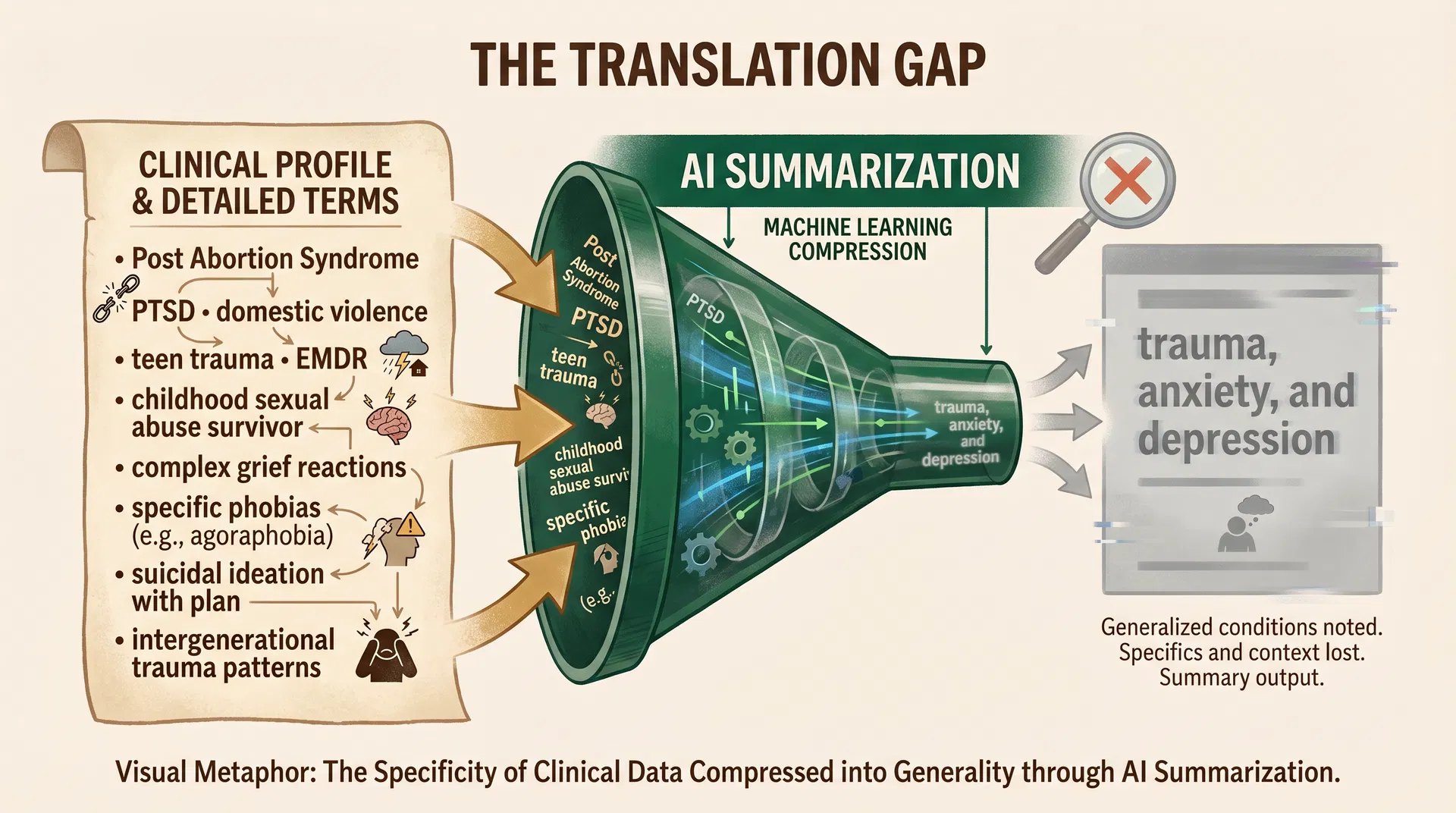 Diagram showing how specific clinical expertise — Post Abortion Syndrome, PTSD from domestic violence, teen trauma EMDR — passes through an AI summarization funnel and emerges as the generic phrase 'trauma, anxiety, and depression'