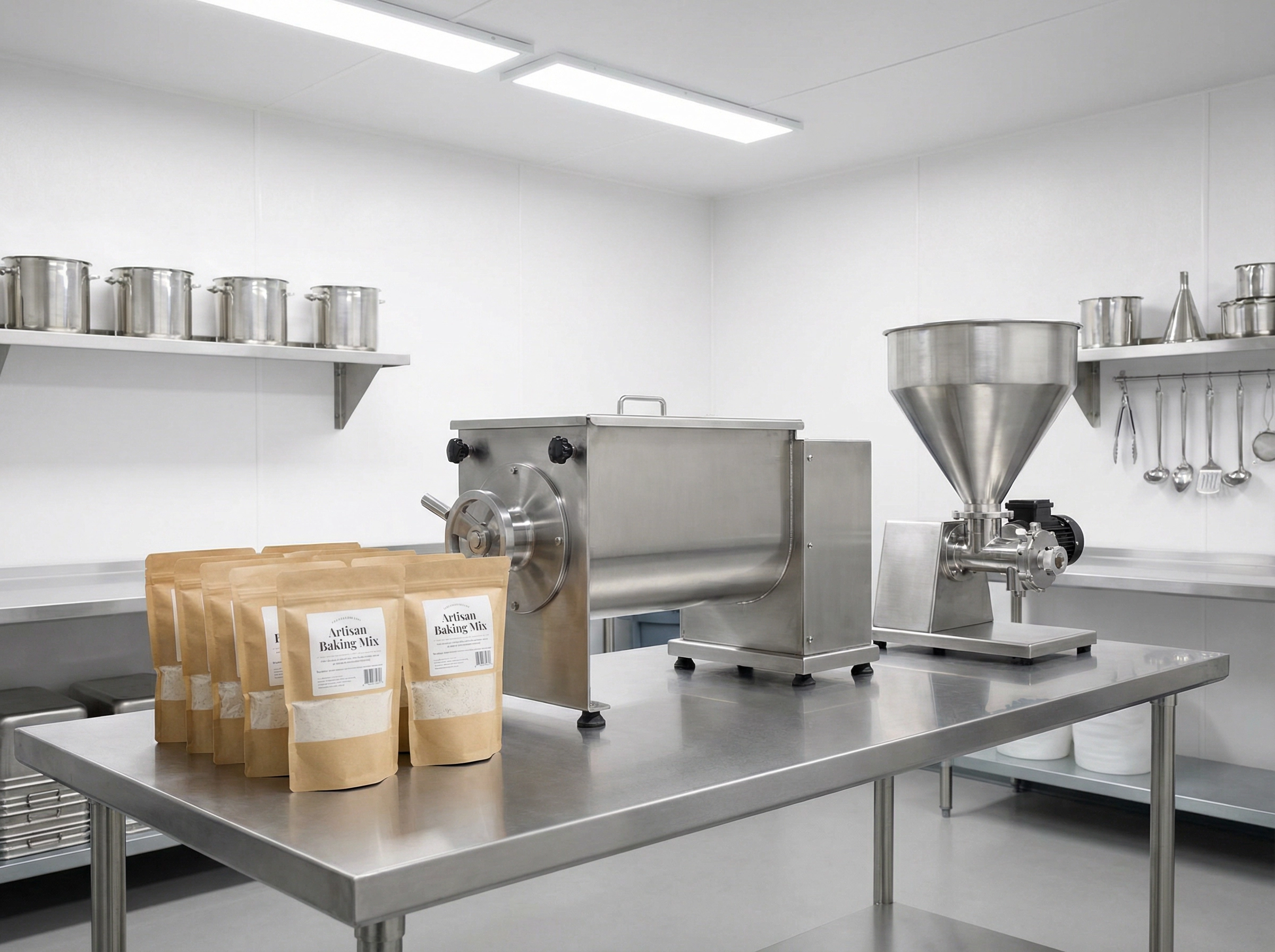 Small-scale commercial dry mix blending and packaging production line