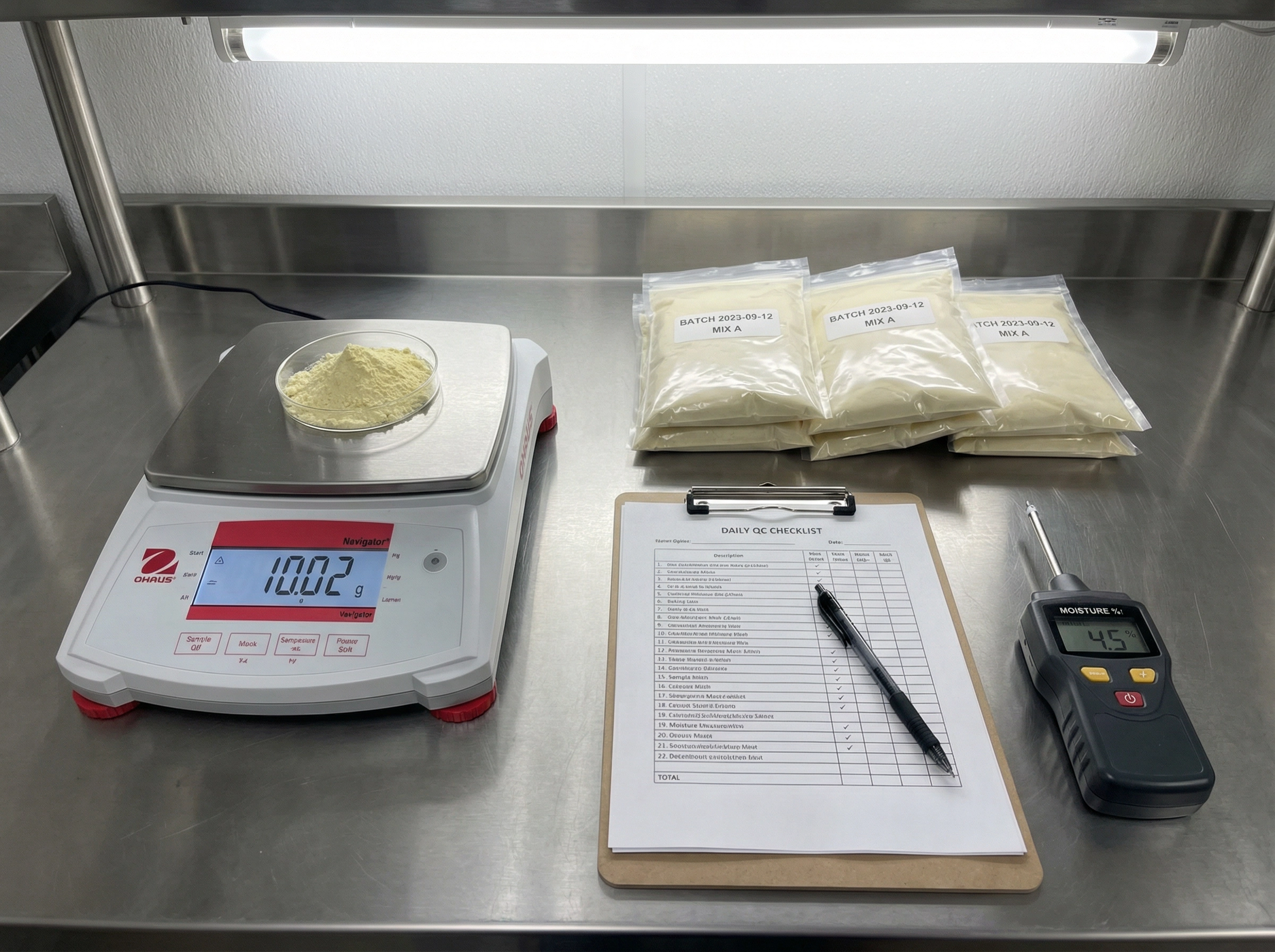 Quality control testing station with precision scale and batch samples
