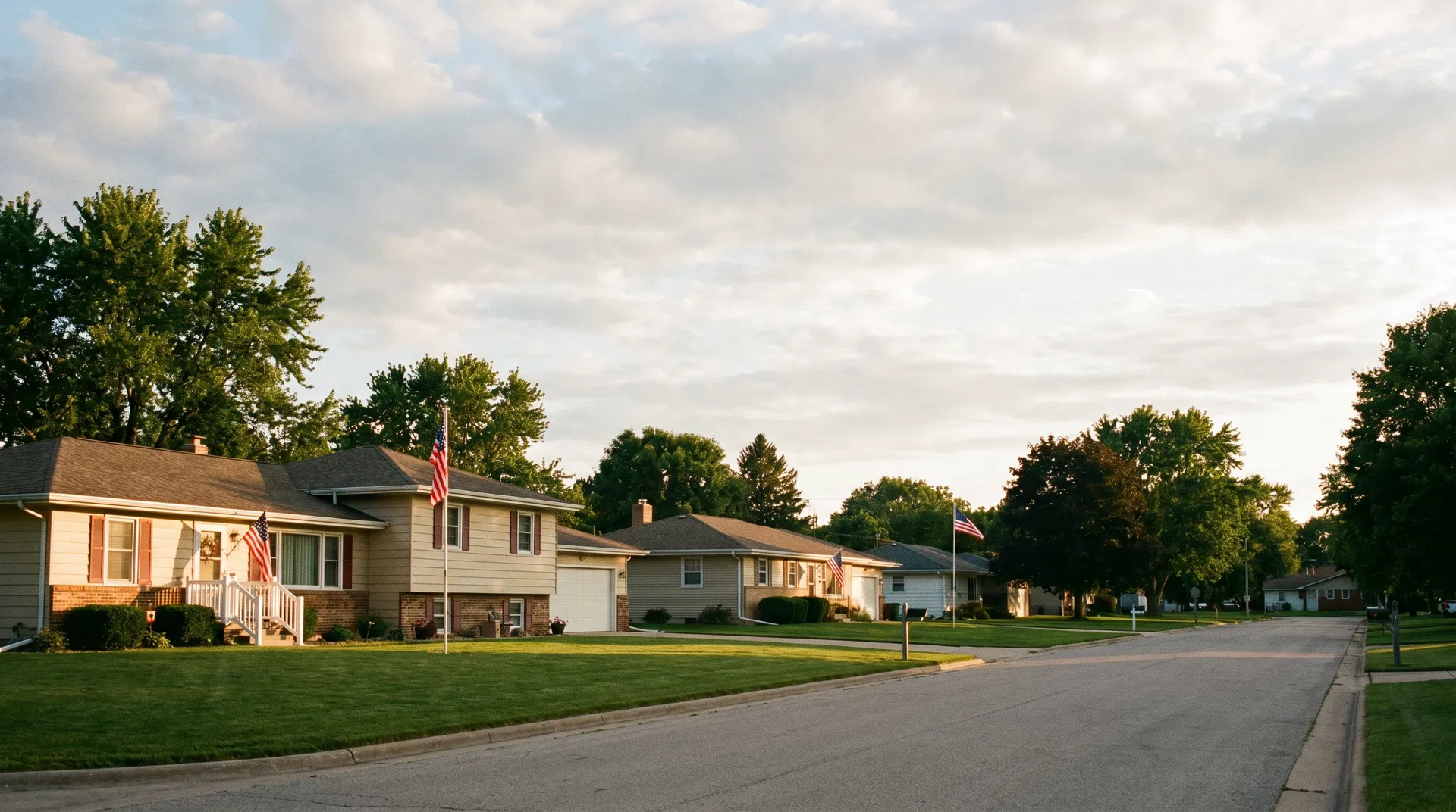 Quiet residential street in Adair Iowa with a well-kept single-family home and open sky