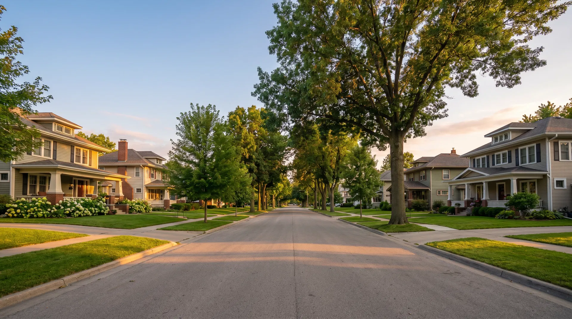 Residential neighborhood in Ames Iowa with tree-lined streets and well-maintained homes at golden hour