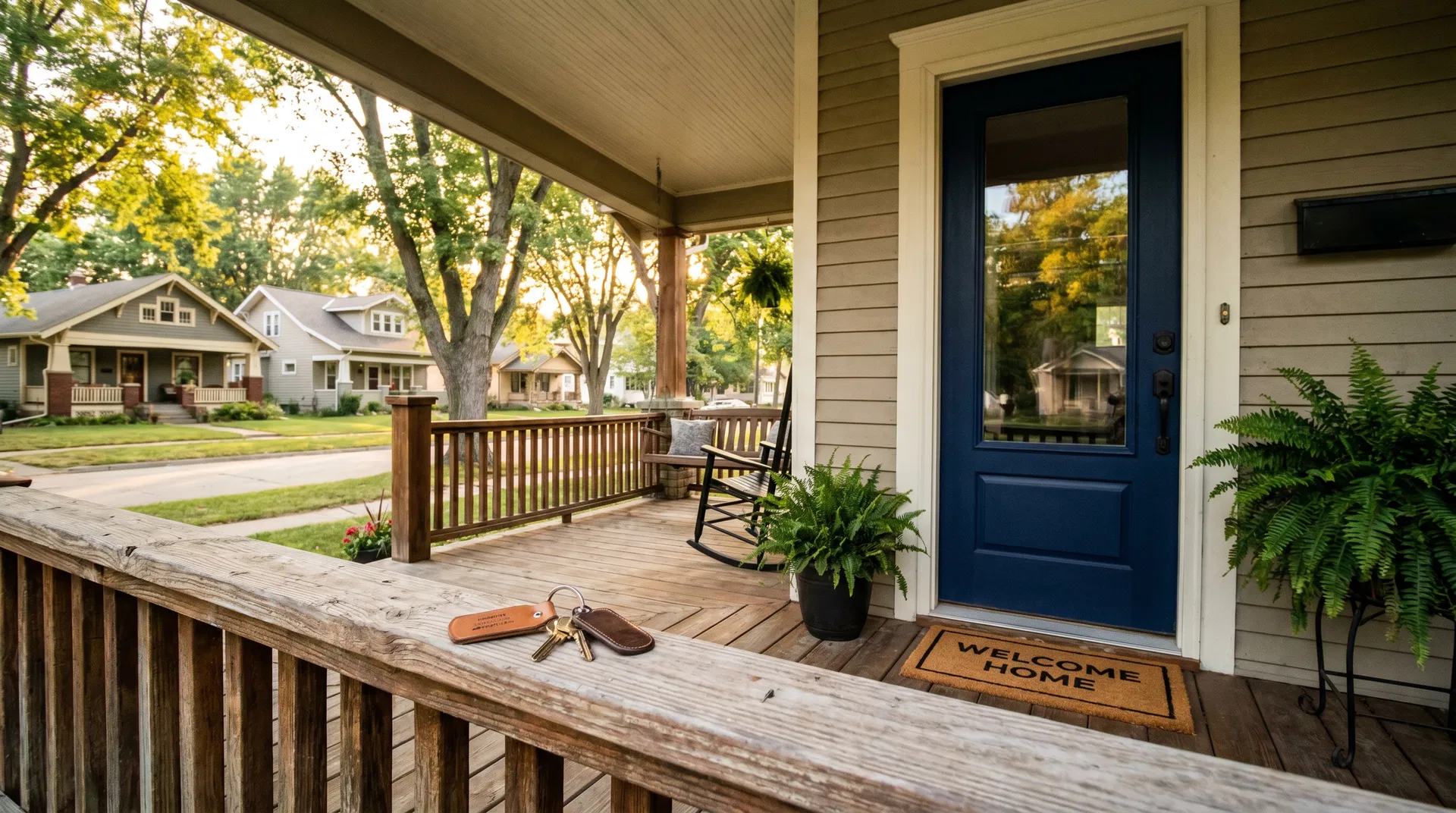 Front porch of a craftsman home in Des Moines Iowa with keys on railing representing homebuyer preparation for inspection