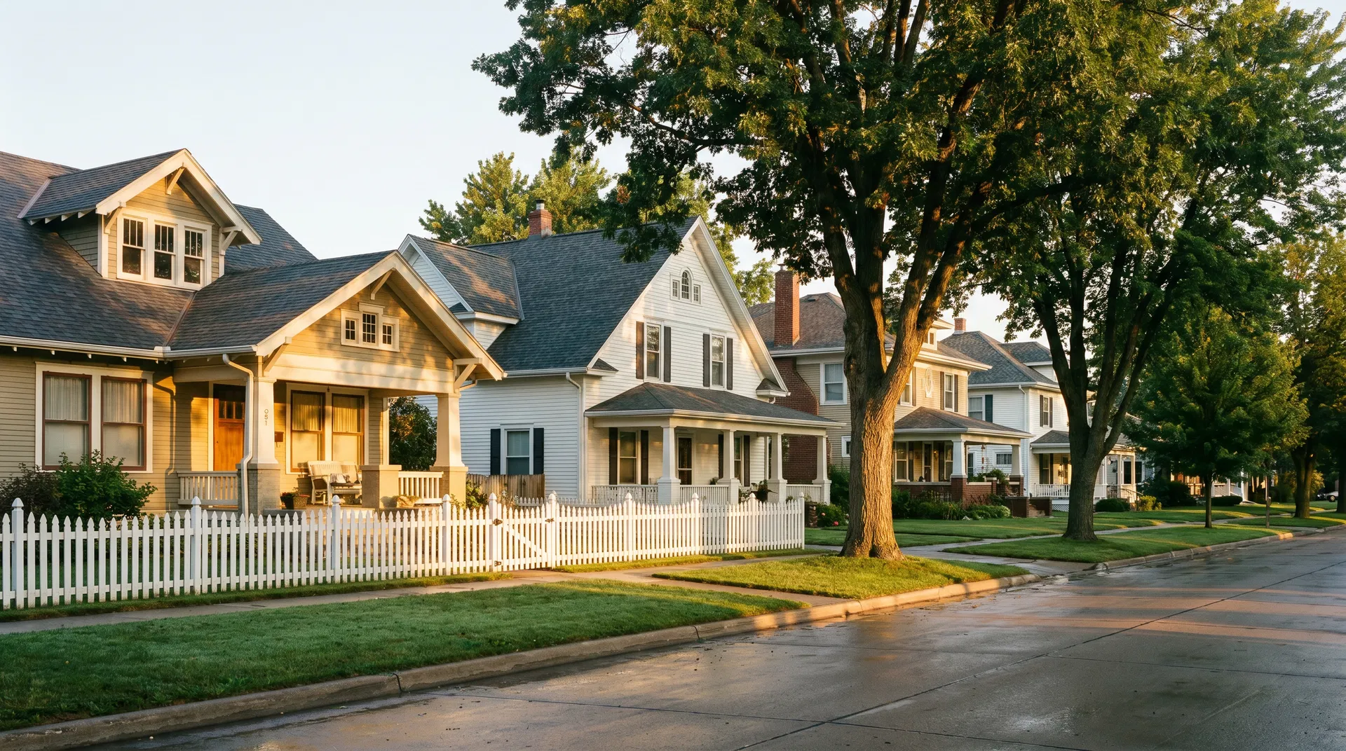 Small-town Iowa residential street in Grinnell with mature trees and historic homes