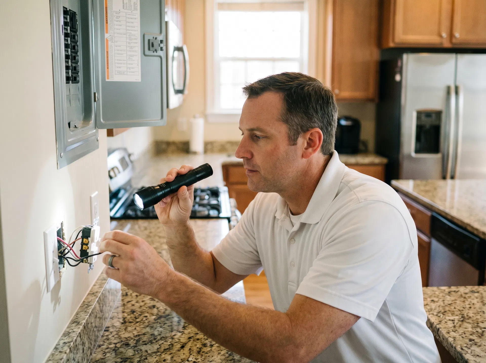 Licensed home inspector examining electrical panel during comprehensive home inspection in Wayne NJ