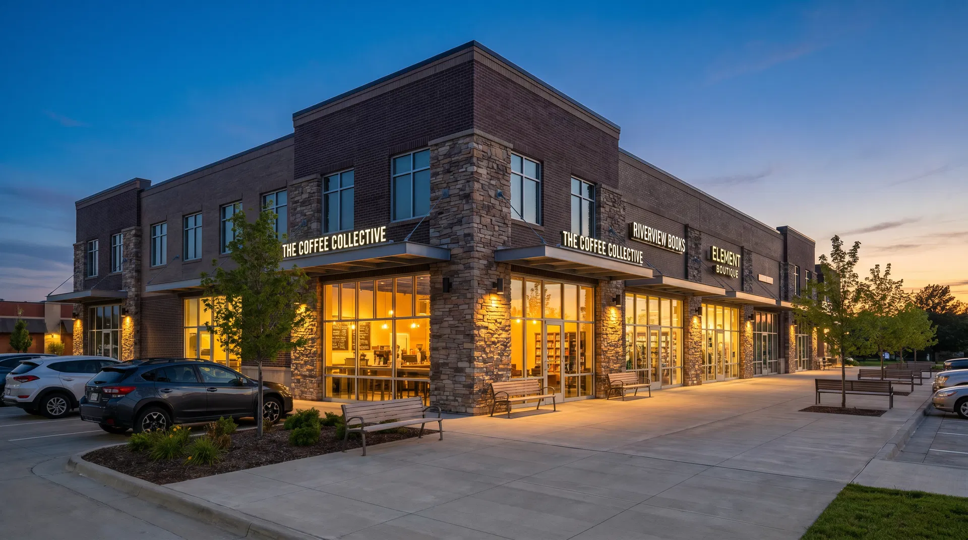 Commercial retail building at dusk