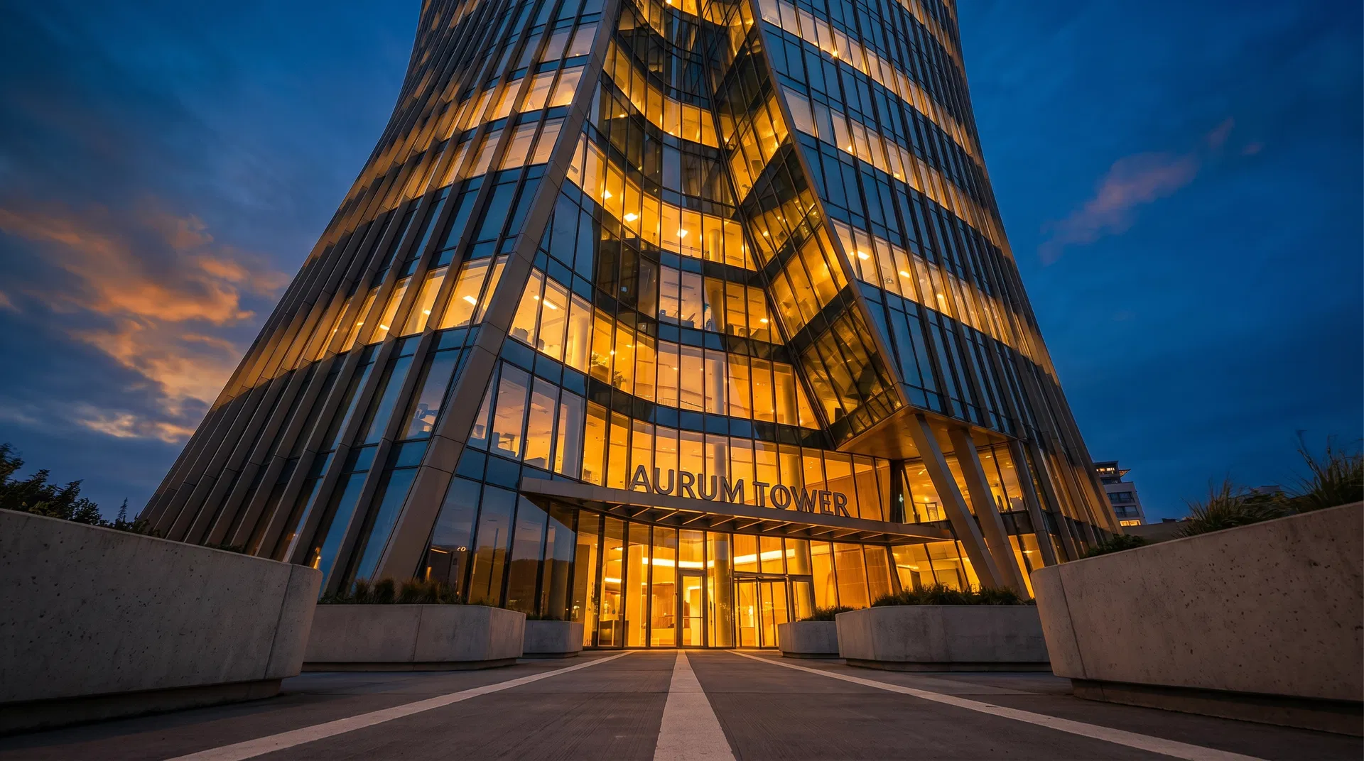 Modern commercial building at twilight