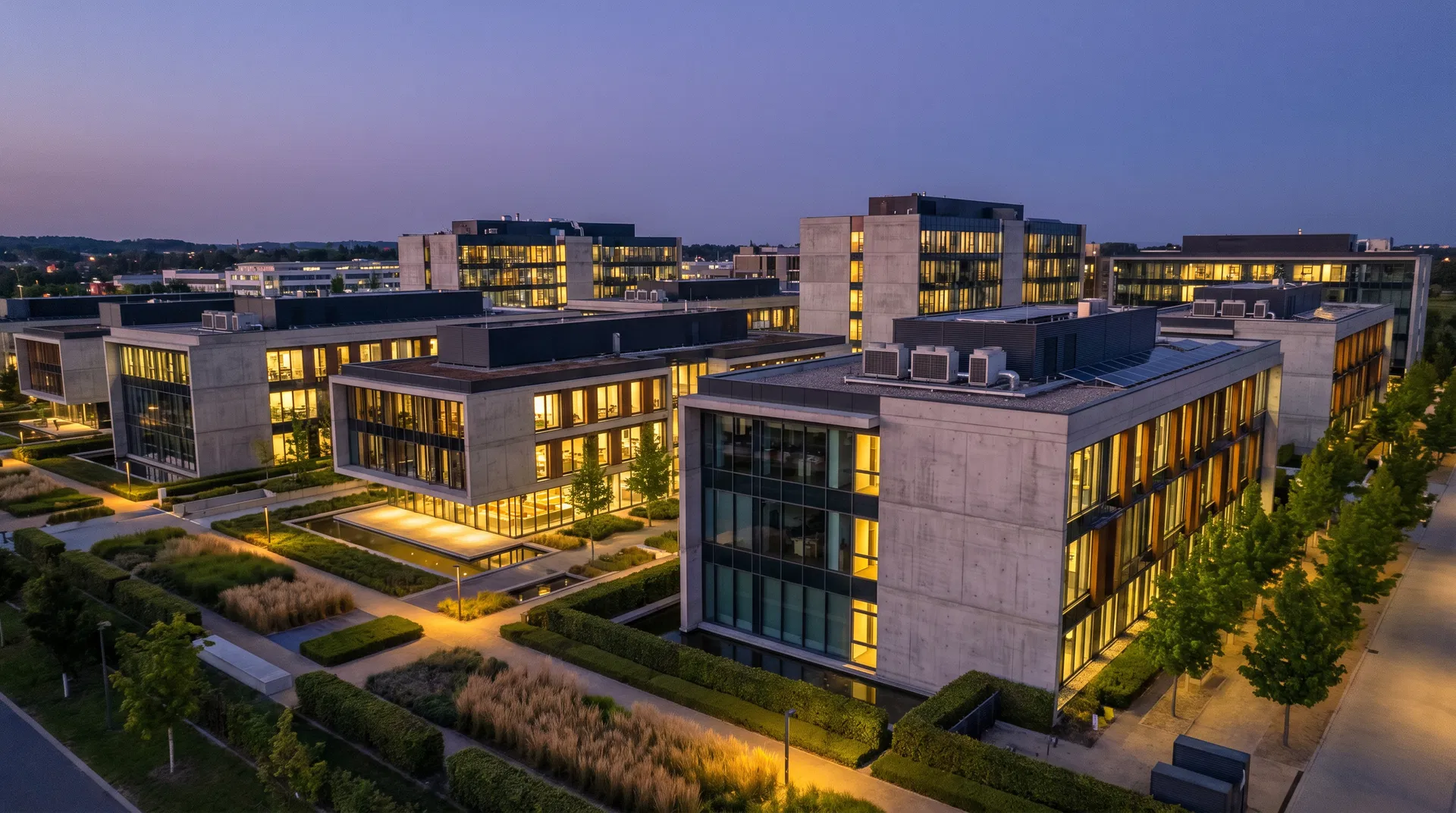 Commercial business park at dusk