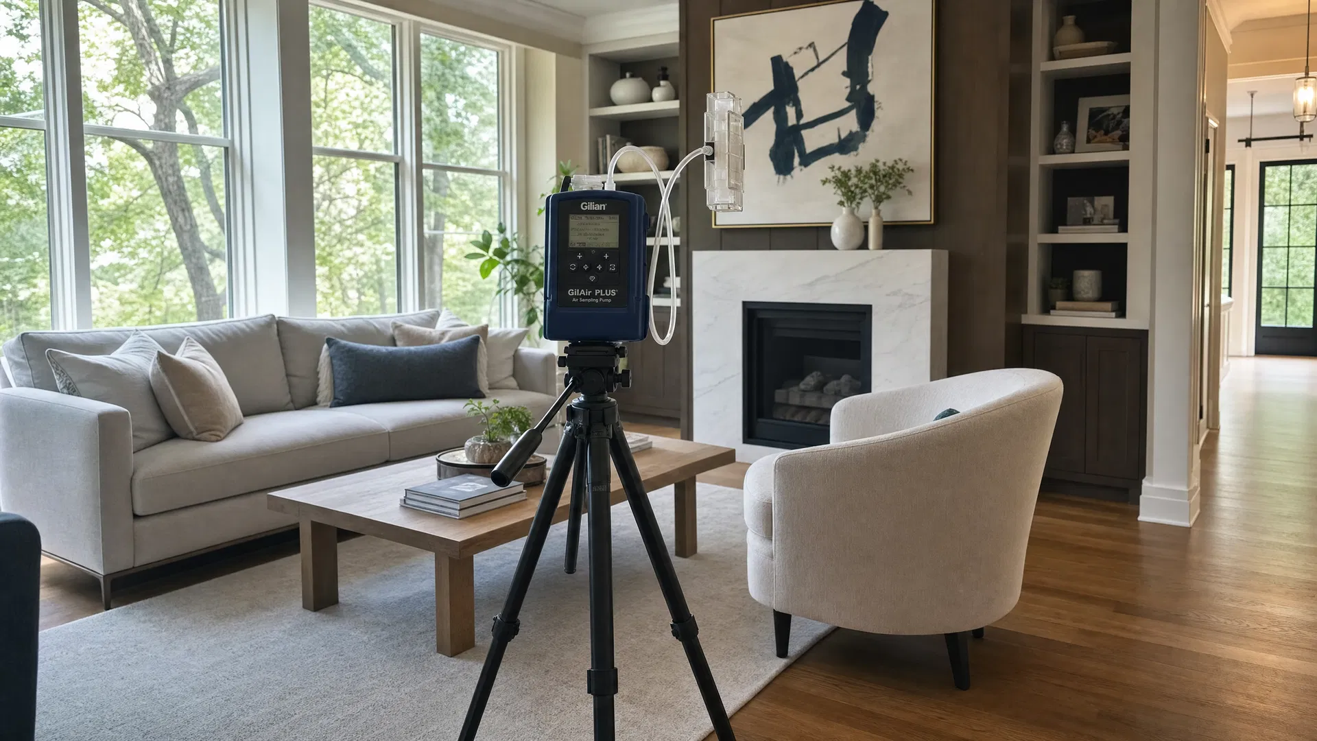 Indoor air quality testing equipment set up in a bright Nashville Tennessee living room