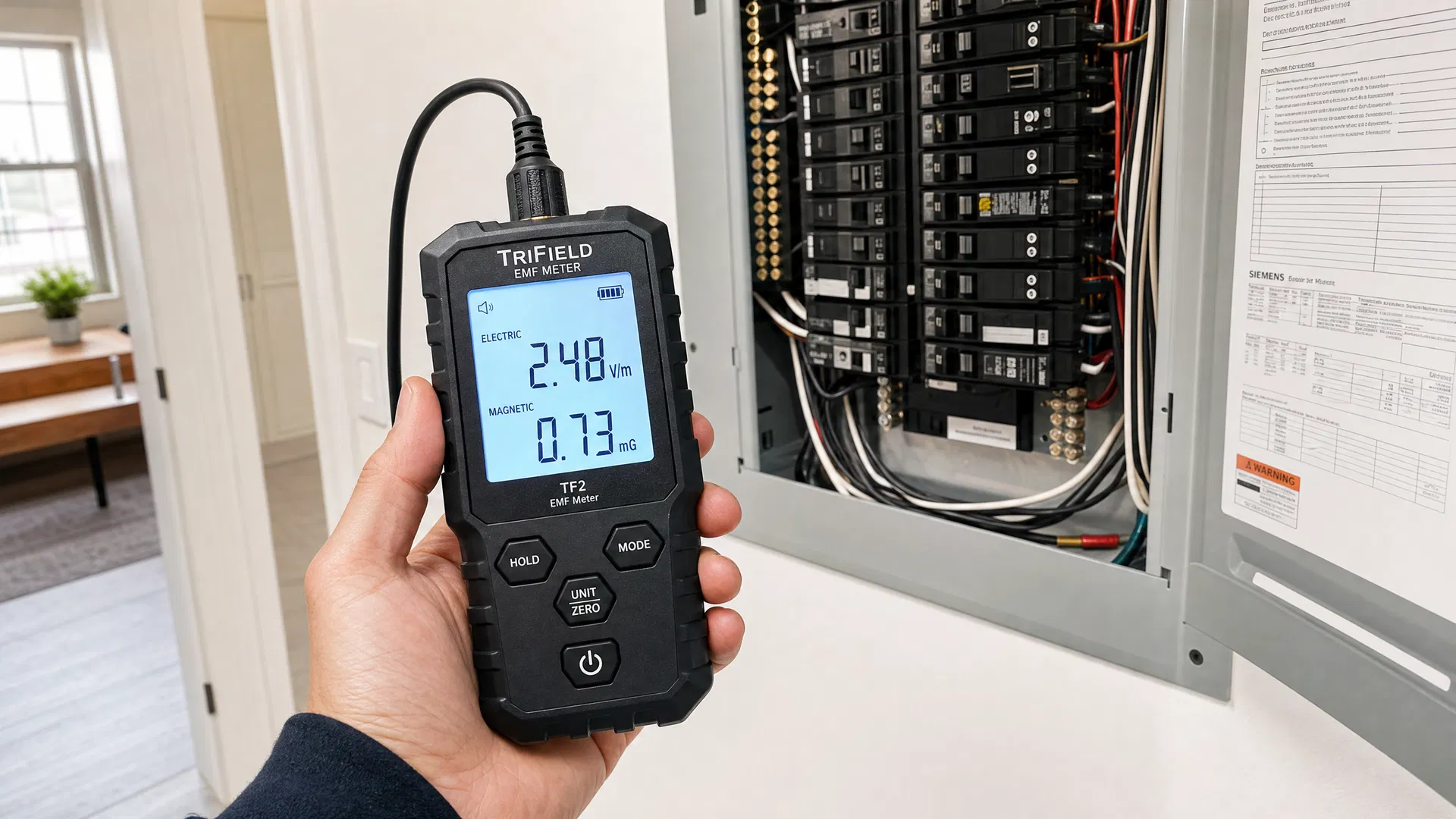 Professional EMF meter measuring electromagnetic fields near an electrical panel in a home