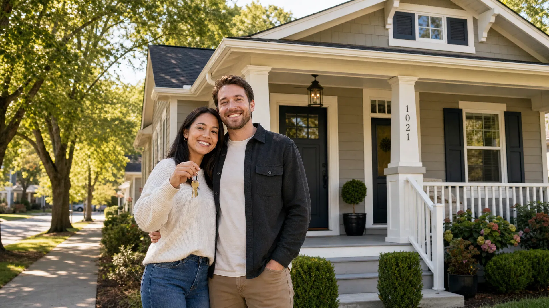 Young couple standing in front of their first home in Franklin Tennessee neighborhood