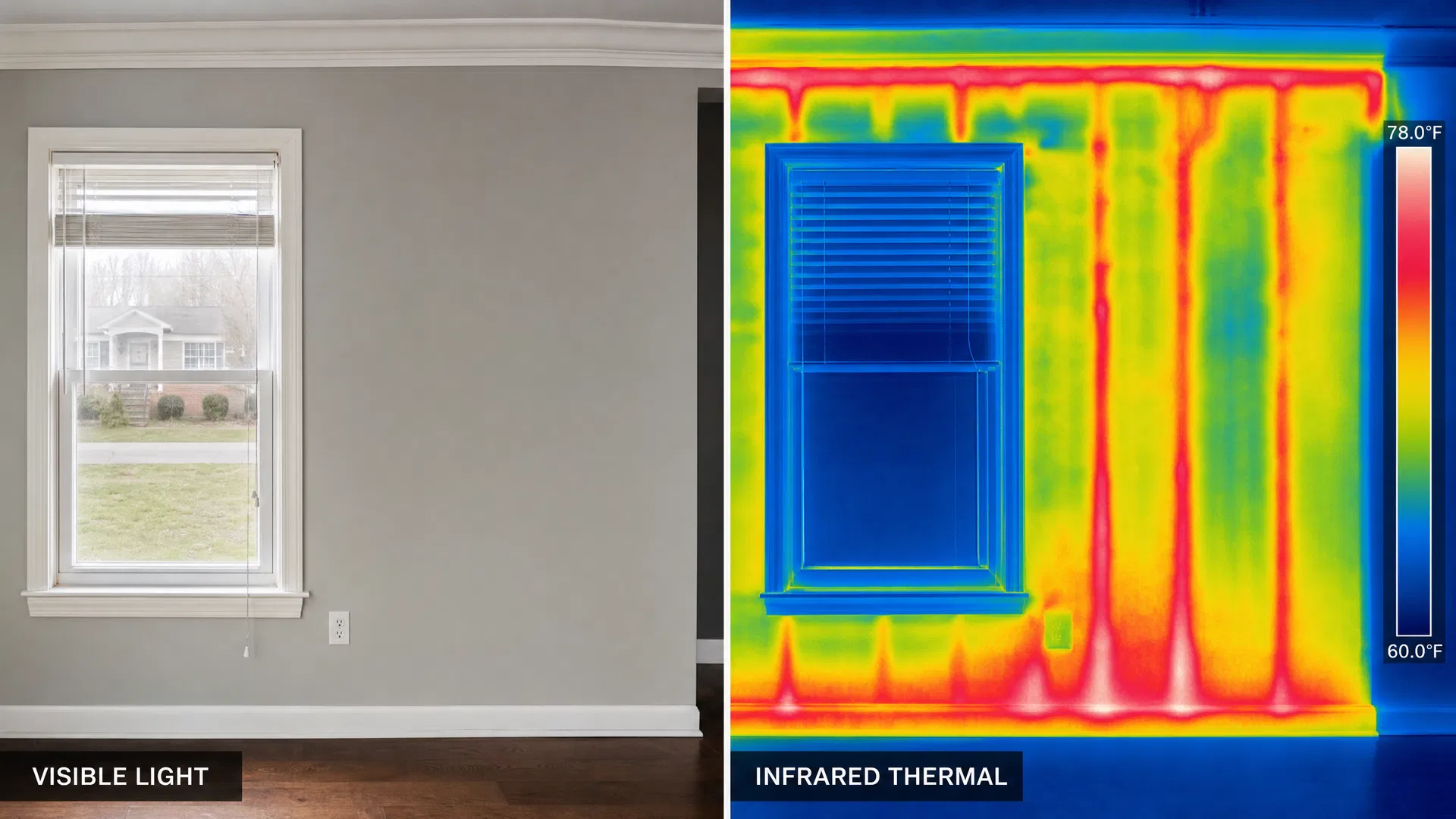 Infrared thermal imaging camera view of a Tennessee home wall showing heat loss patterns