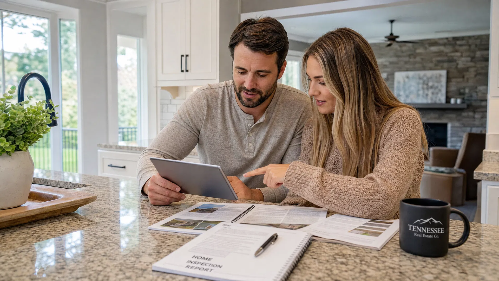 Homebuyer couple reviewing a detailed home inspection report at a kitchen table