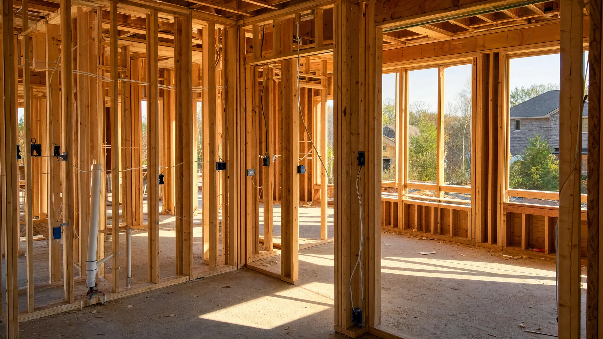 New construction home framing phase inspection in Middle Tennessee showing exposed studs and wiring