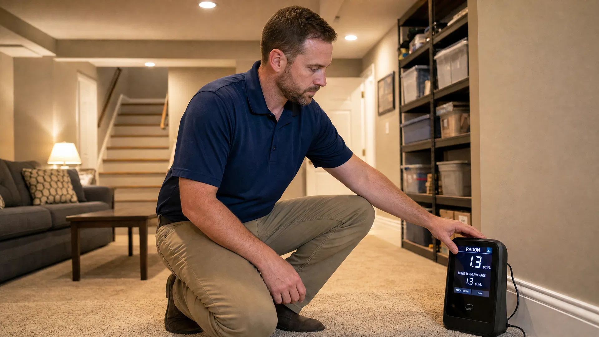 Professional radon testing equipment in a Williamson County Tennessee home basement