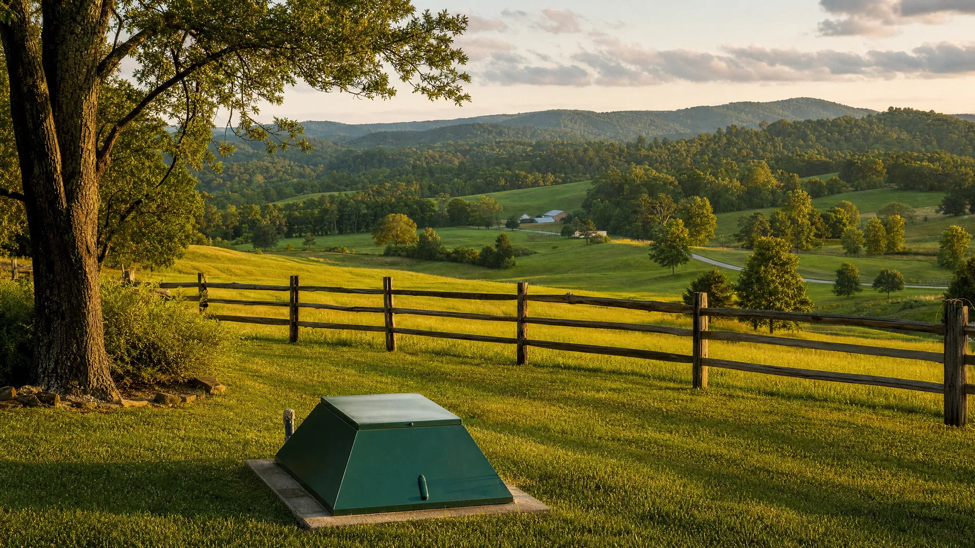 Rural Tennessee property with well pump house and rolling green hills