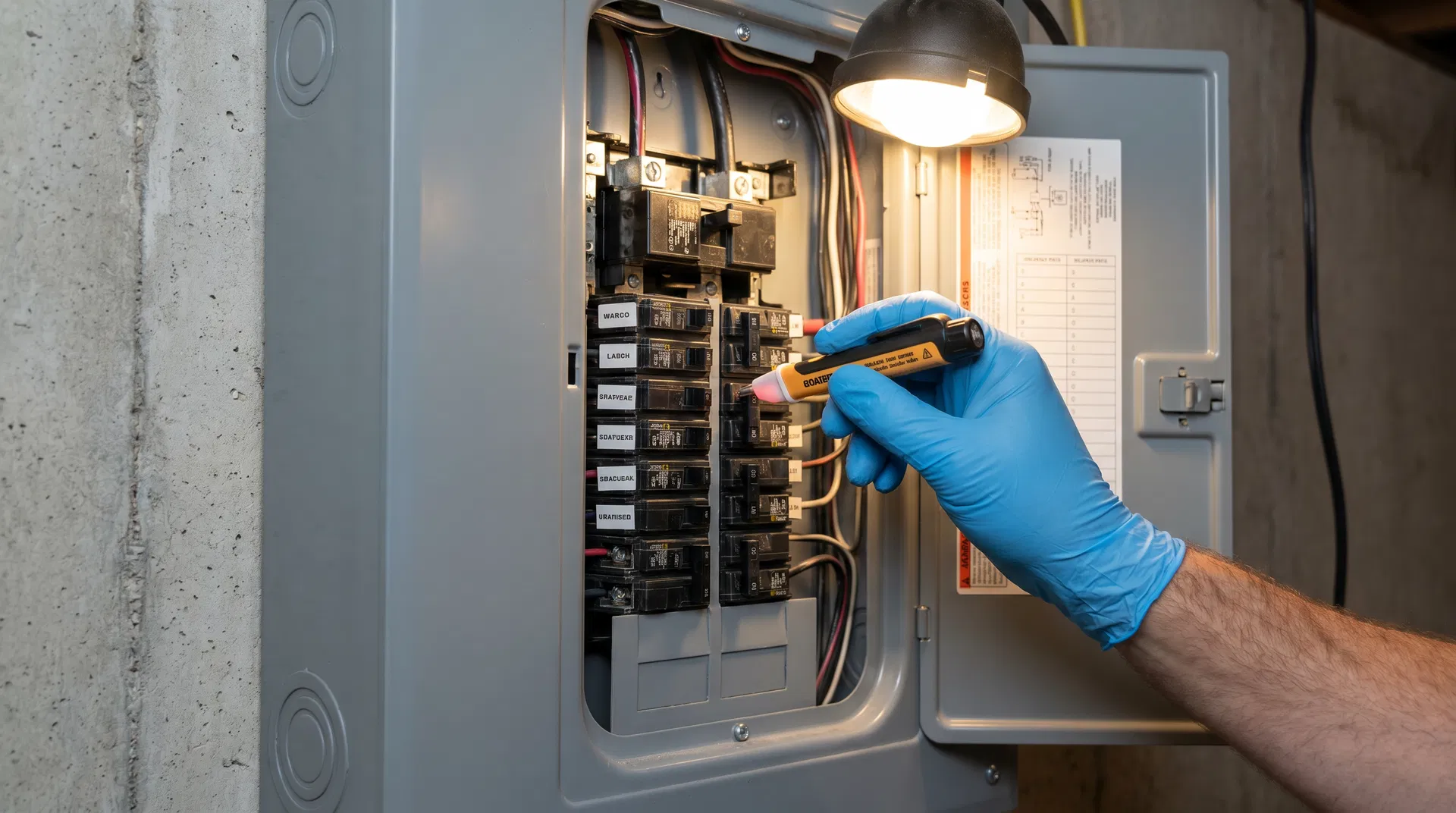 Home inspector testing circuit breakers with a voltage tester in a residential electrical panel